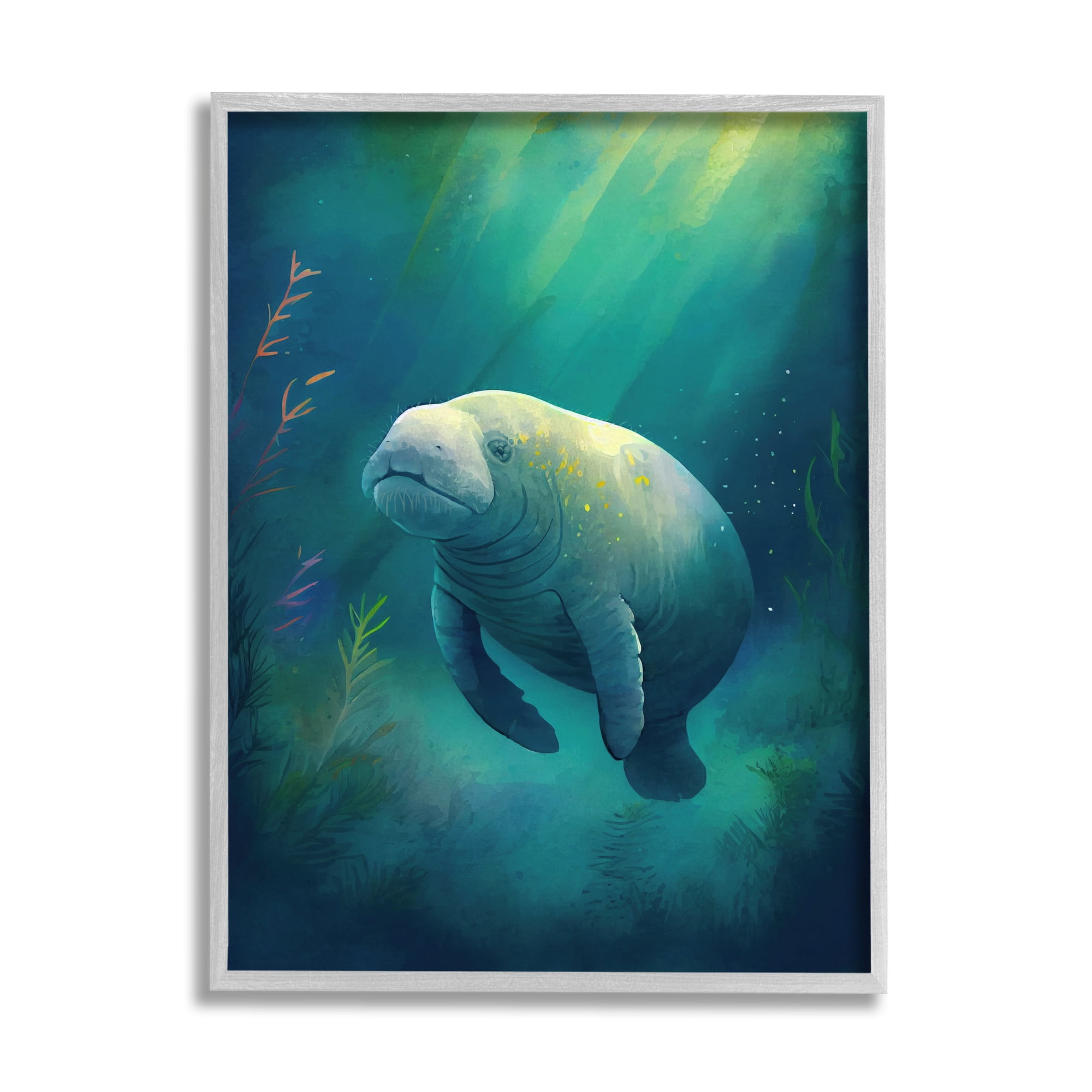 Stupell Industries Manatee Underwater View Animals & Insects Painting Gray Framed Art Print Wall Art, 11 x 14