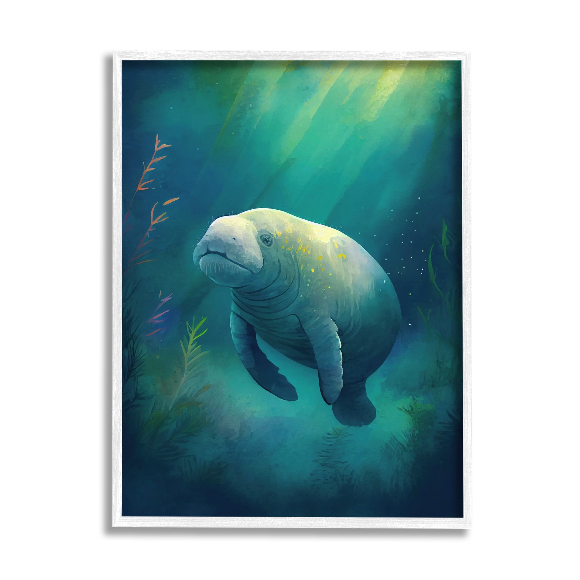 Stupell Industries Manatee Underwater View Animals & Insects Painting White Framed Art Print Wall Art, 24 x 30