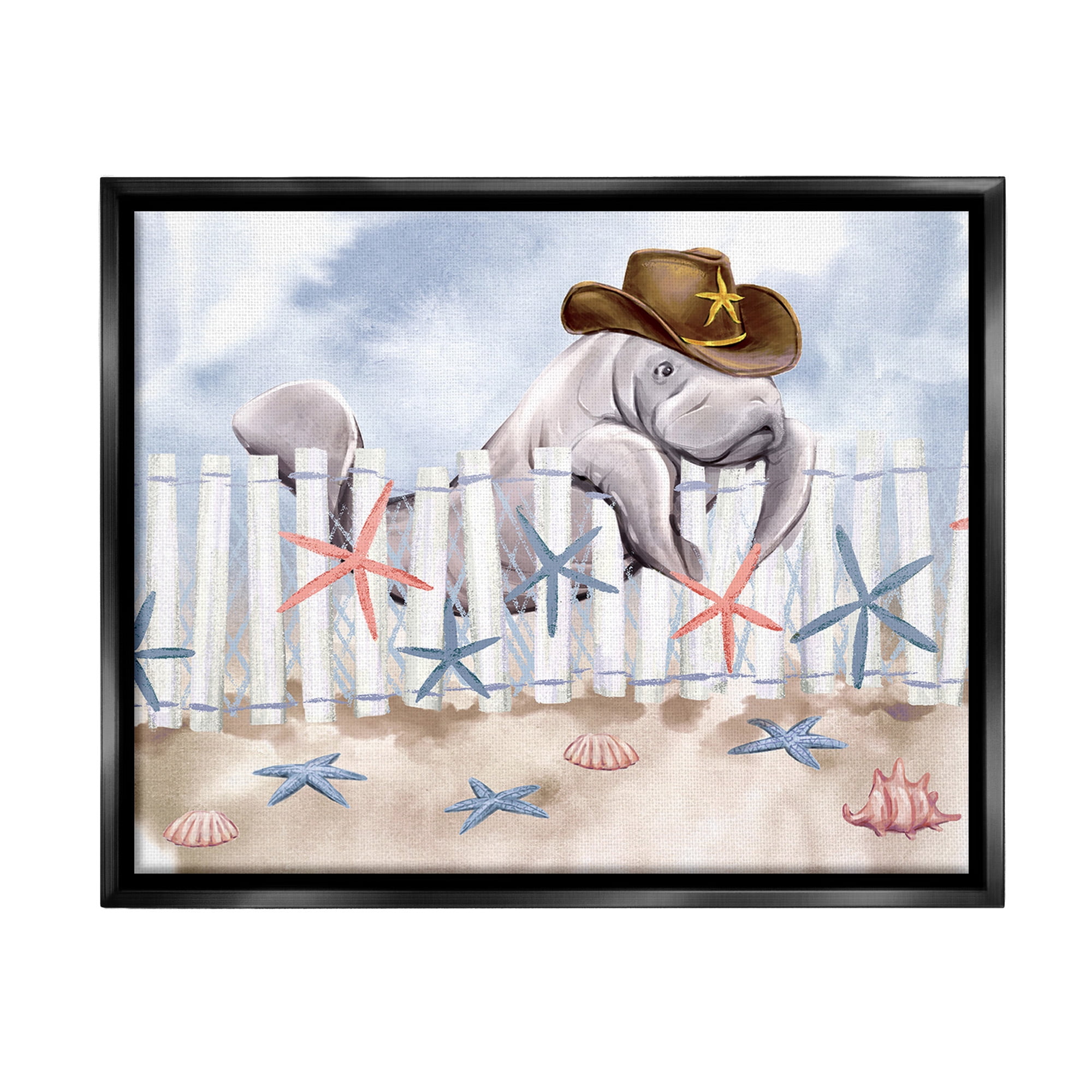Stupell Industries Manatee in Cowboy Hat Animals & Insects Painting Black Floater Framed Canvas Art Print Wall Art, 31 x 25