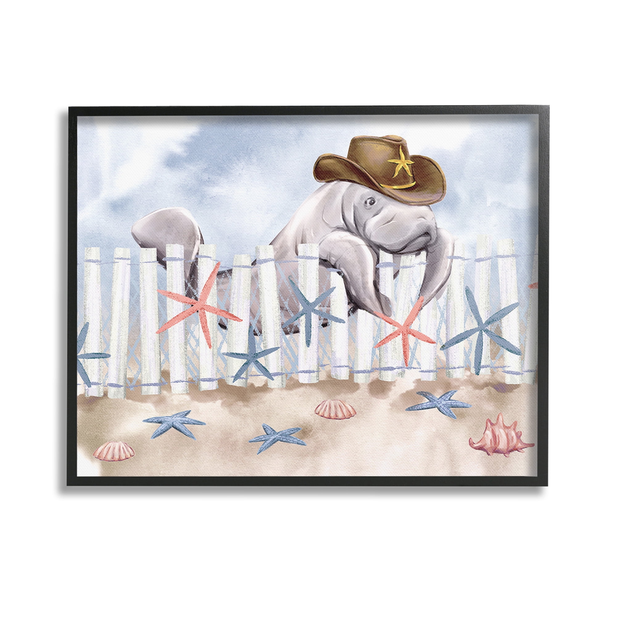 Stupell Industries Manatee in Cowboy Hat Animals & Insects Painting Black Framed Art Print Wall Art, 14 x 11