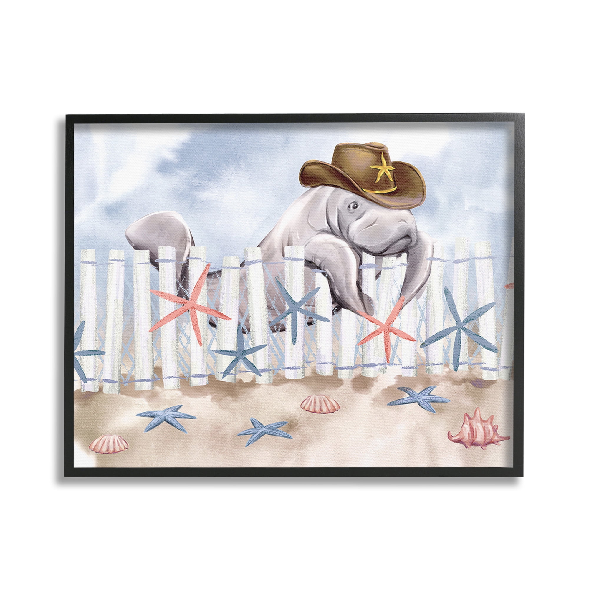 Stupell Industries Manatee in Cowboy Hat Animals & Insects Painting Black Framed Art Print Wall Art, 20 x 16