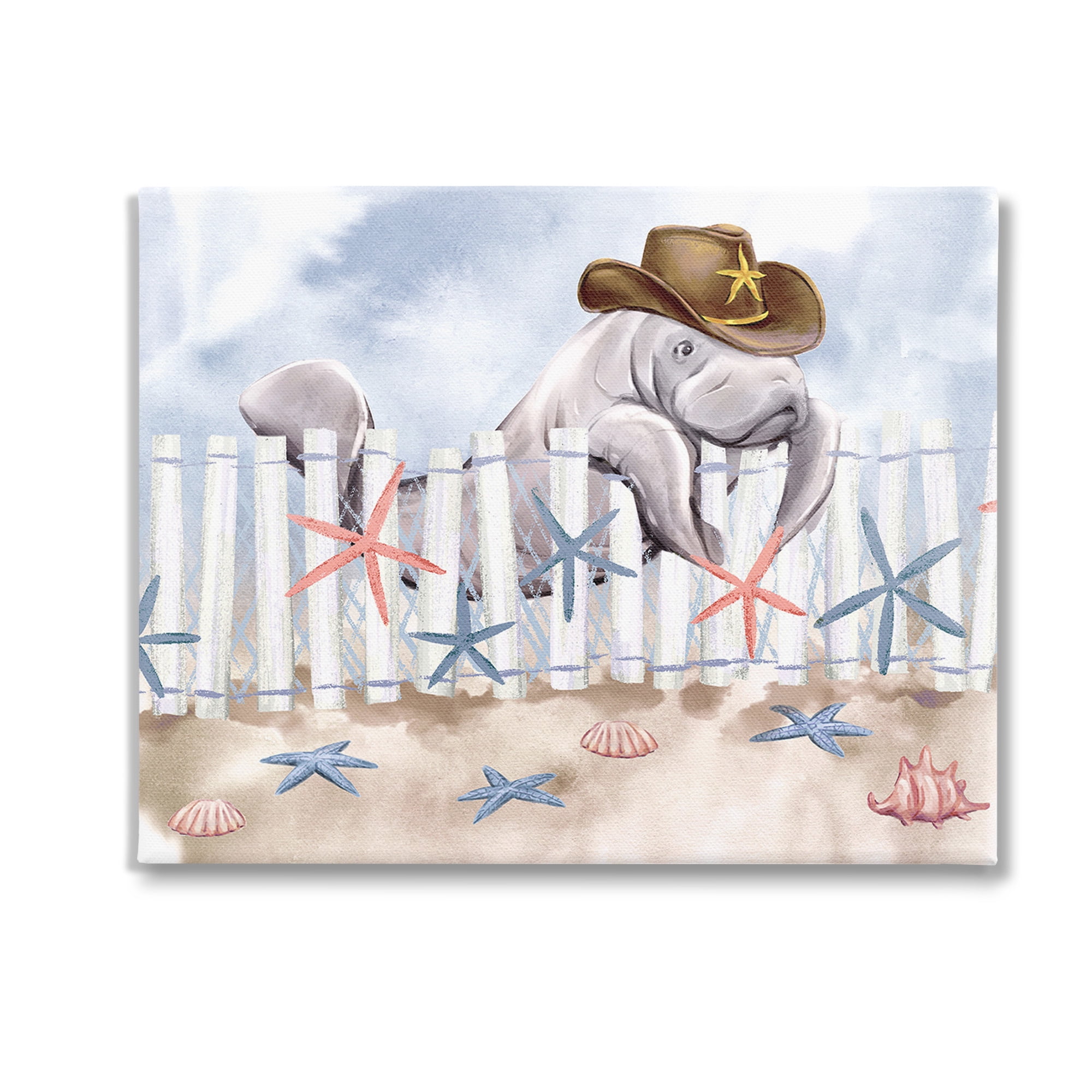 Stupell Industries Manatee in Cowboy Hat Animals & Insects Painting Gallery Wrapped Canvas Art Print Wall Art, 20 x 16