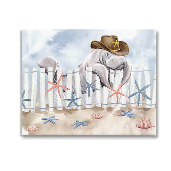 Stupell Industries Manatee in Cowboy Hat Animals & Insects Painting Gallery Wrapped Canvas Art Print Wall Art, 20 x 16