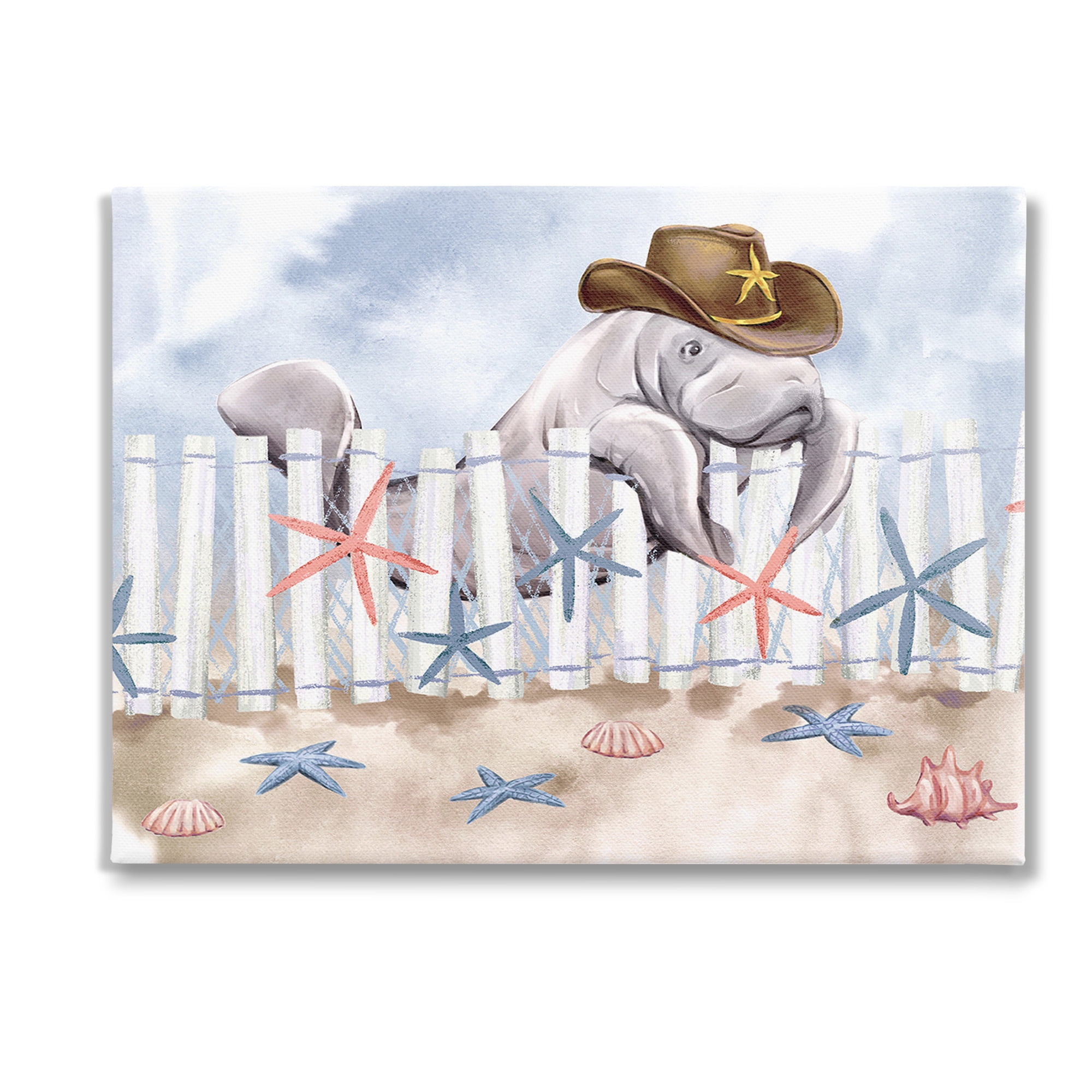 Stupell Industries Manatee in Cowboy Hat Animals & Insects Painting Gallery Wrapped Canvas Art Print Wall Art, 48 x 36