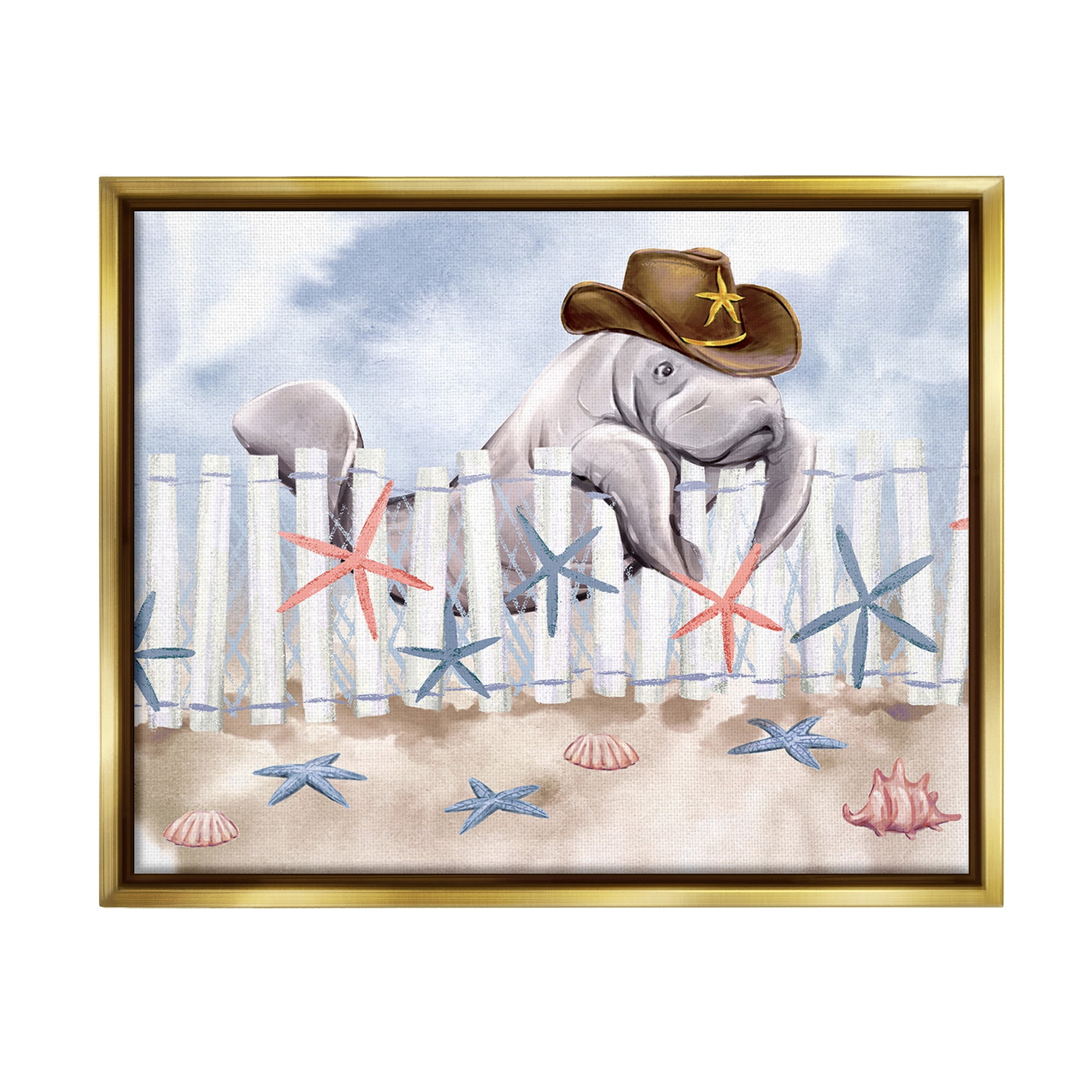 Stupell Industries Manatee in Cowboy Hat Animals & Insects Painting Gold Floater Framed Canvas Art Print Wall Art, 21 x 17