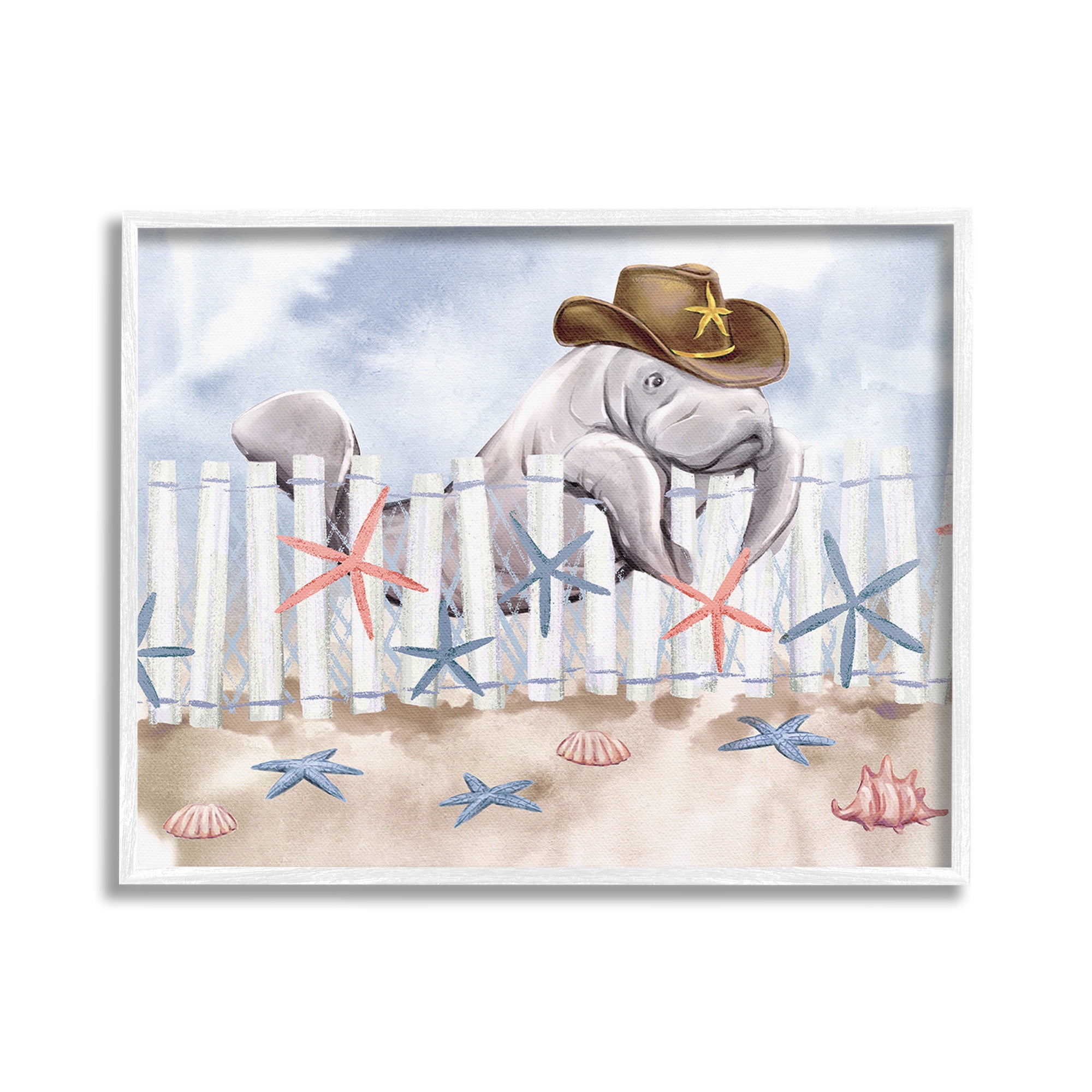 Stupell Industries Manatee in Cowboy Hat Animals & Insects Painting White Framed Art Print Wall Art, 20 x 16