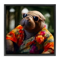 Stupell Industries Manatee with Aloha Shirt Animals & Insects Painting Black Floater Framed Canvas Art Print Wall Art, 18 x 18