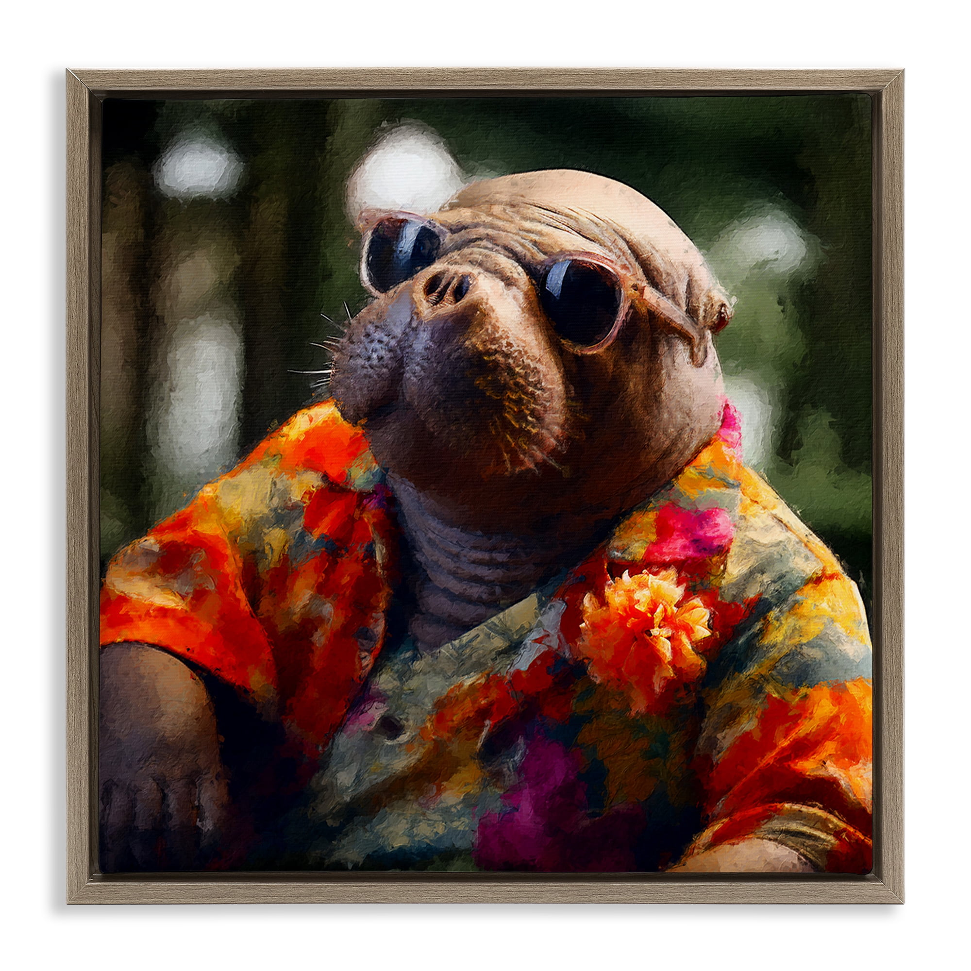 Stupell Industries Manatee with Aloha Shirt Animals & Insects Painting Brown Floater Framed Canvas Art Print Wall Art, 18 x 18