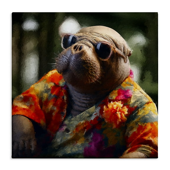 Stupell Industries Manatee with Aloha Shirt Animals & Insects Painting Gallery Wrapped Canvas Art Print Wall Art, 17 x 17