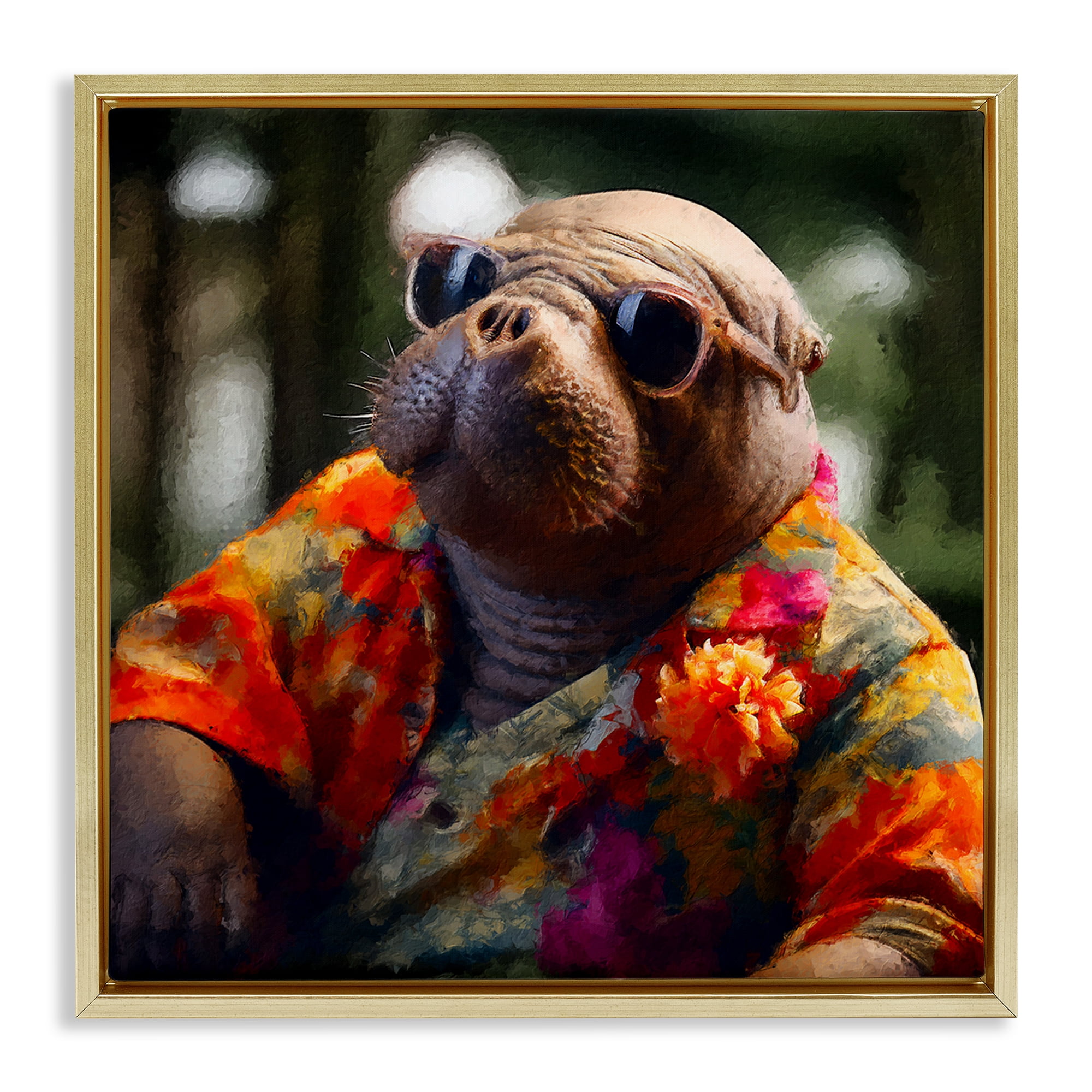 Stupell Industries Manatee with Aloha Shirt Animals & Insects Painting Gold Floater Framed Canvas Art Print Wall Art, 18 x 18