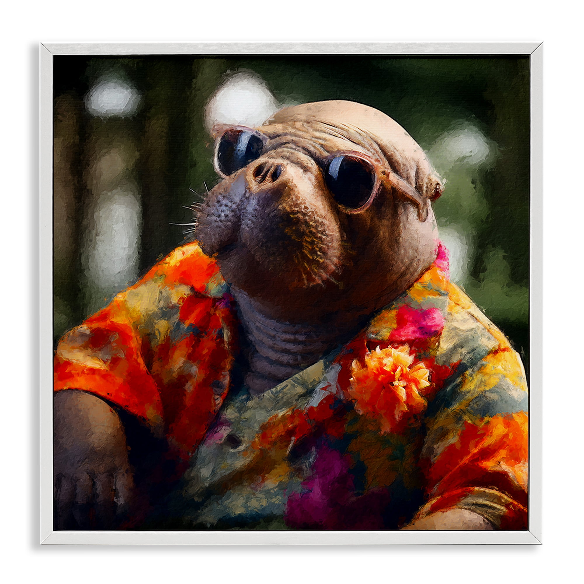 Stupell Industries Manatee with Aloha Shirt Animals & Insects Painting White Framed Art Print Wall Art, 17 x 17