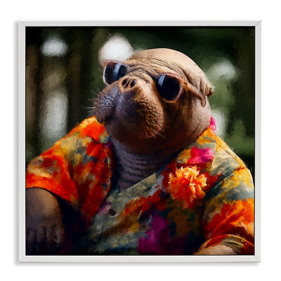 Stupell Industries Manatee with Aloha Shirt Animals & Insects Painting White Framed Art Print Wall Art, 17 x 17