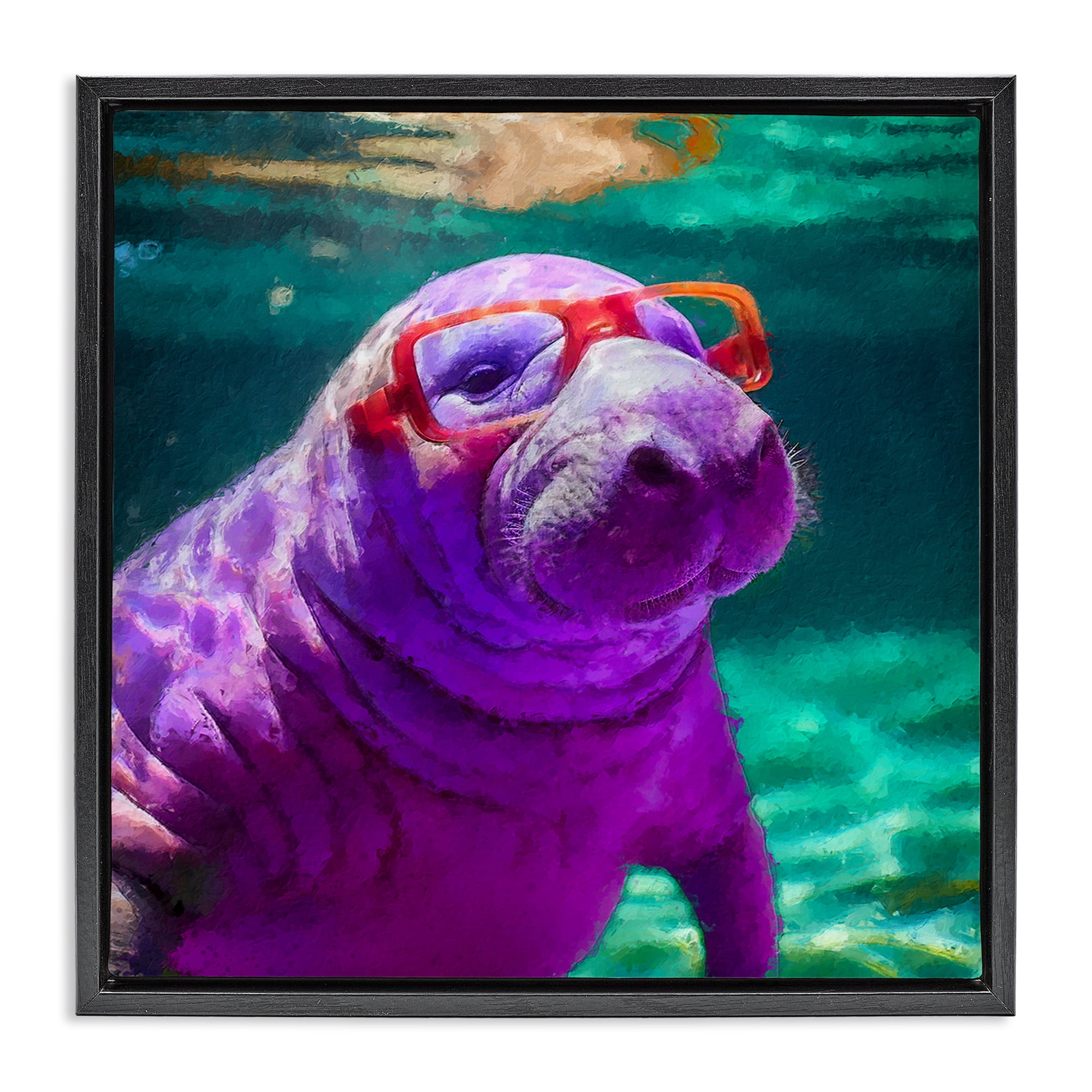Stupell Industries Manatee with Glasses Animals & Insects Painting Black Floater Framed Canvas Art Print Wall Art, 25 x 25