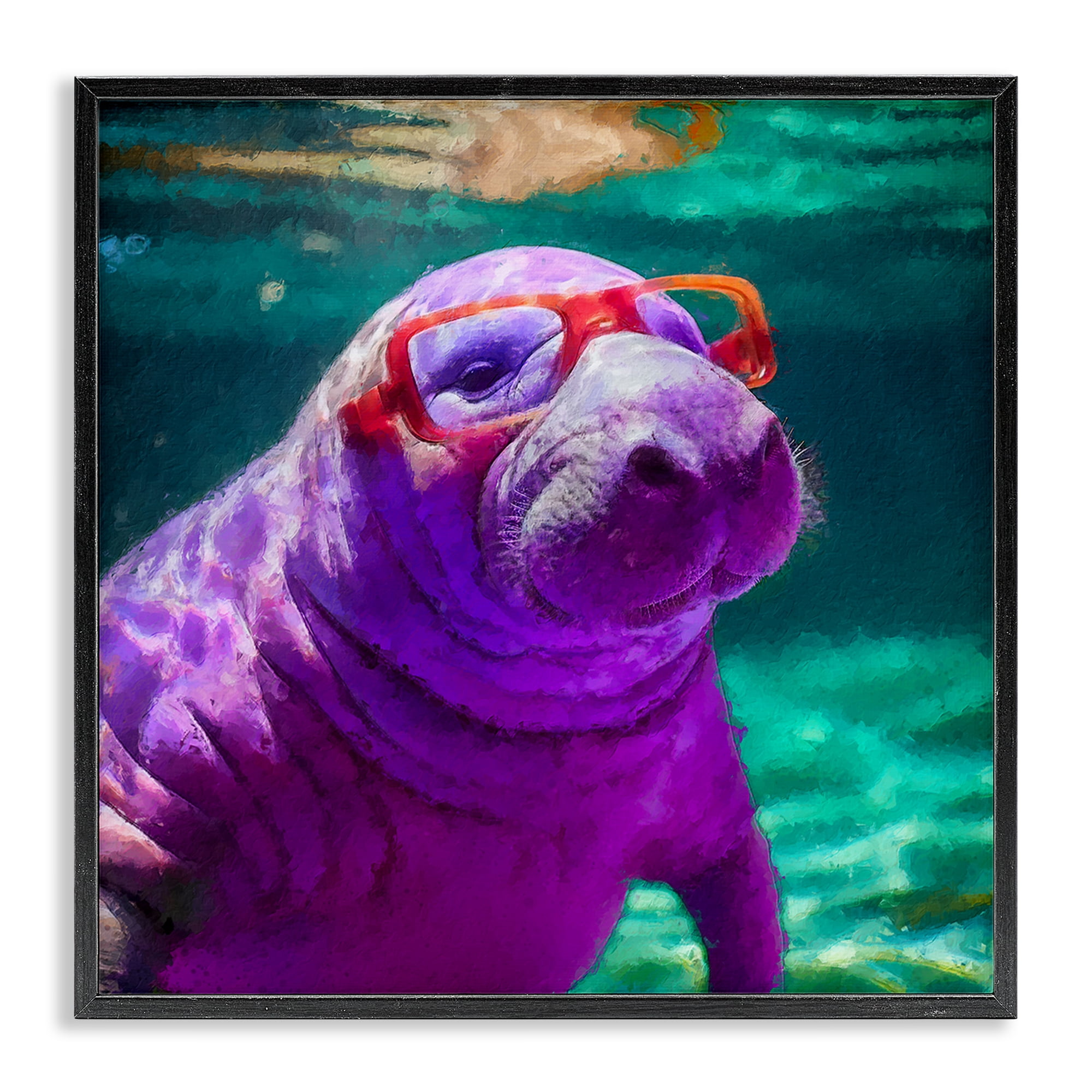 Stupell Industries Manatee with Glasses Animals & Insects Painting Black Framed Art Print Wall Art, 24 x 24