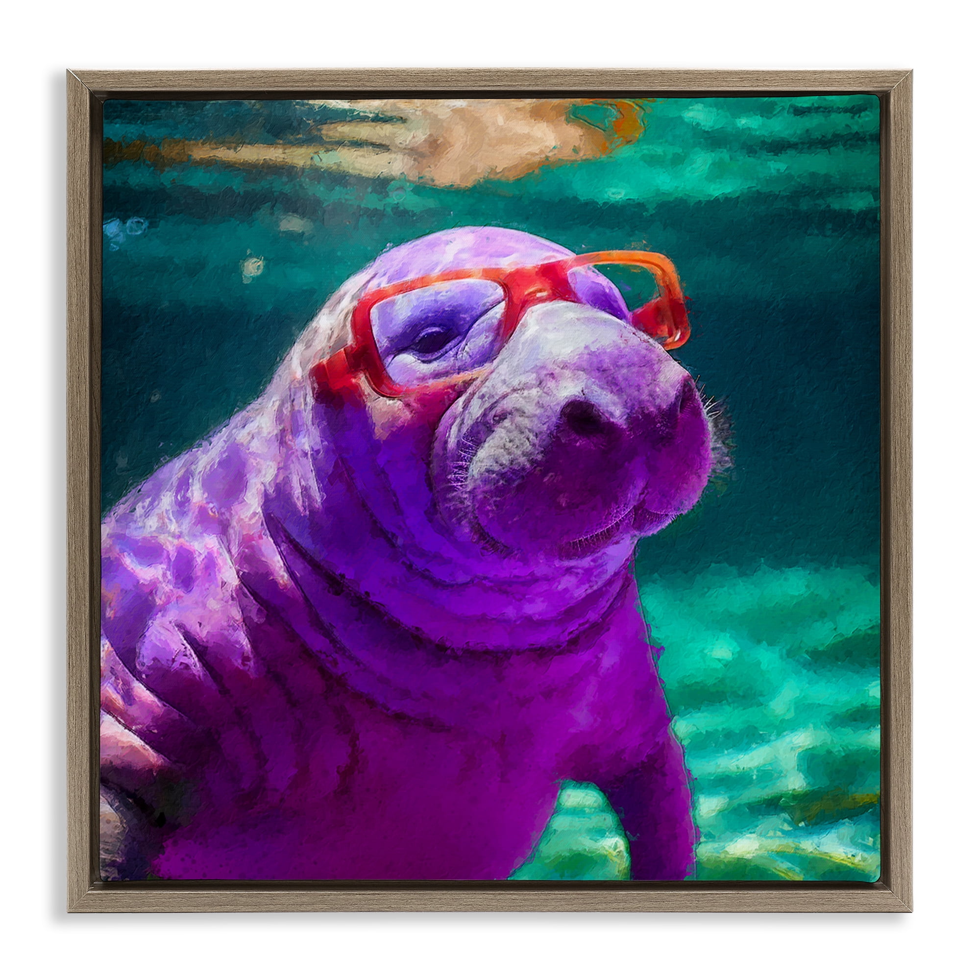 Stupell Industries Manatee with Glasses Animals & Insects Painting Brown Floater Framed Canvas Art Print Wall Art, 18 x 18