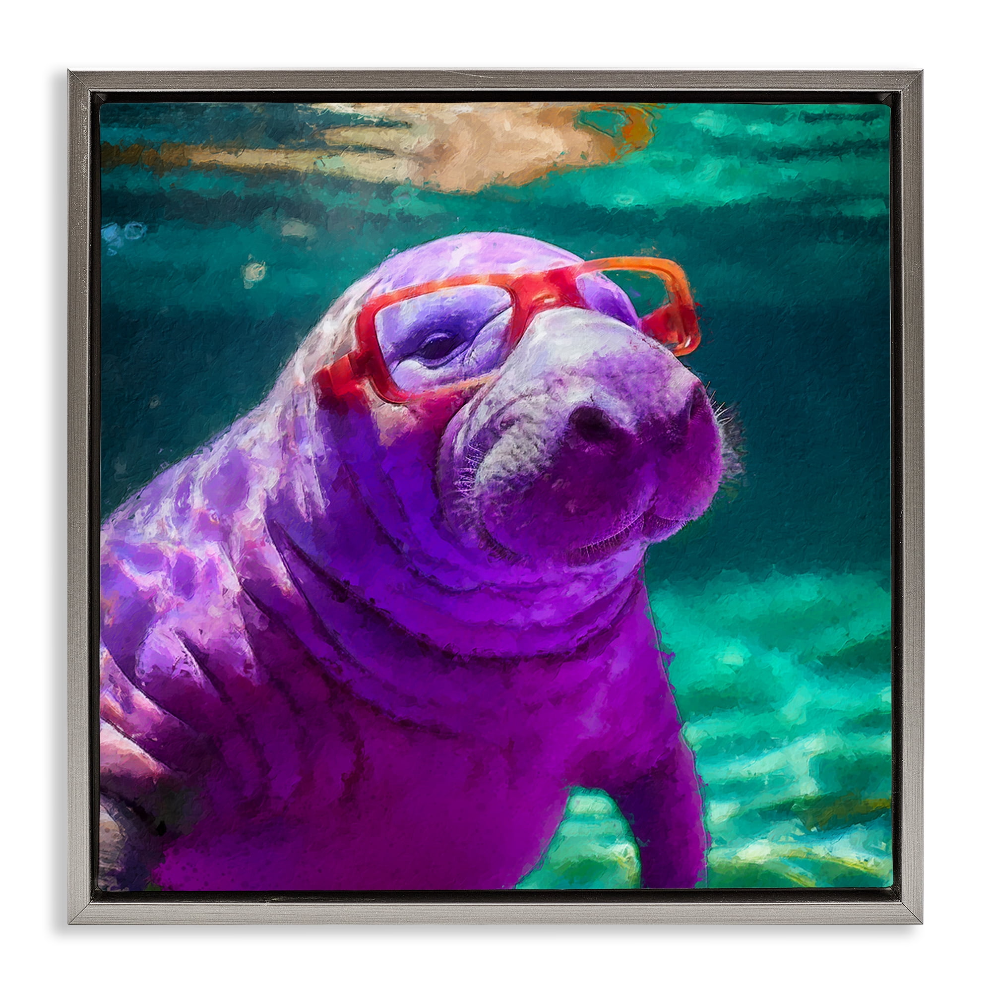Stupell Industries Manatee with Glasses Animals & Insects Painting Gray Floater Framed Canvas Art Print Wall Art, 18 x 18