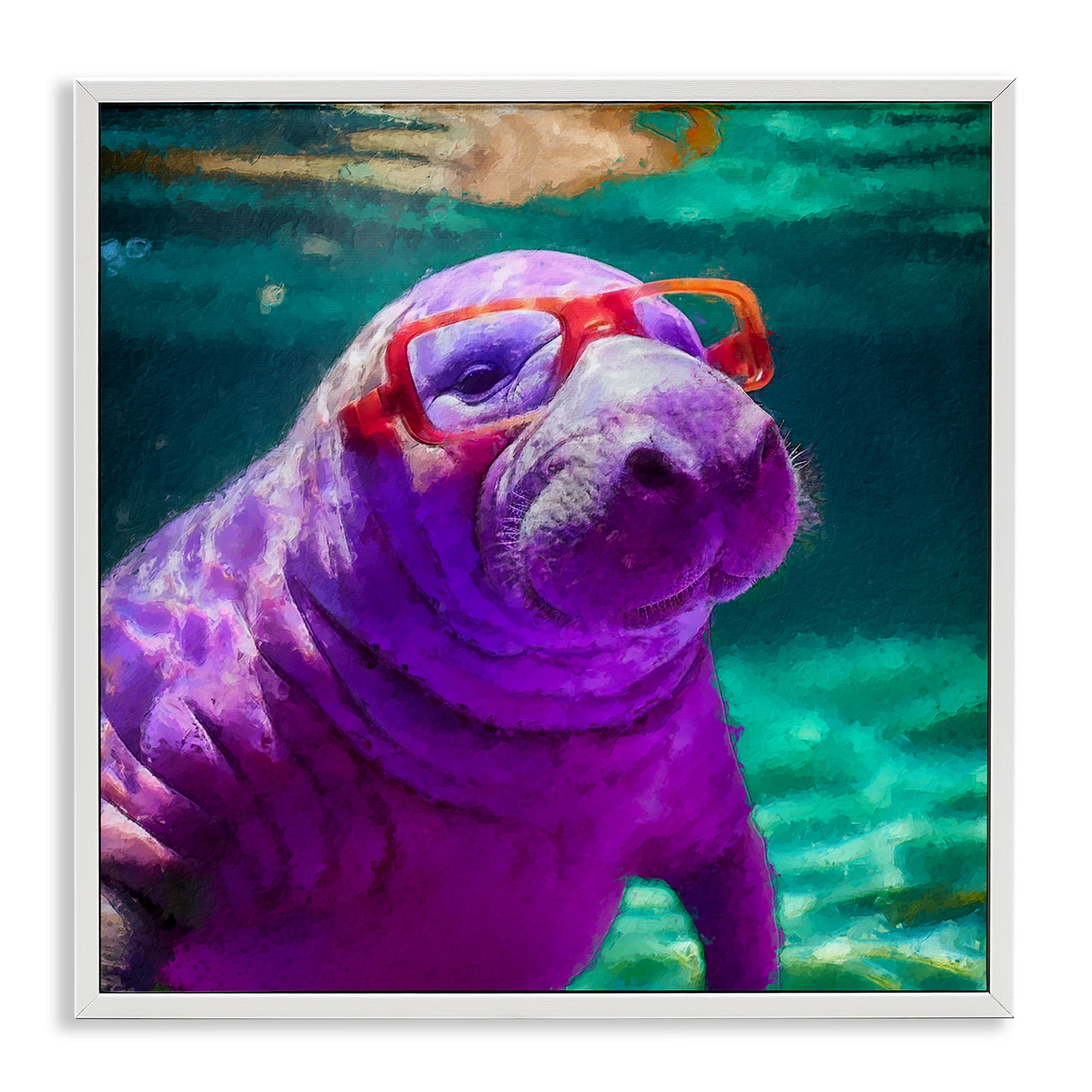 Stupell Industries Manatee with Glasses Animals & Insects Painting White Framed Art Print Wall Art, 12 x 12