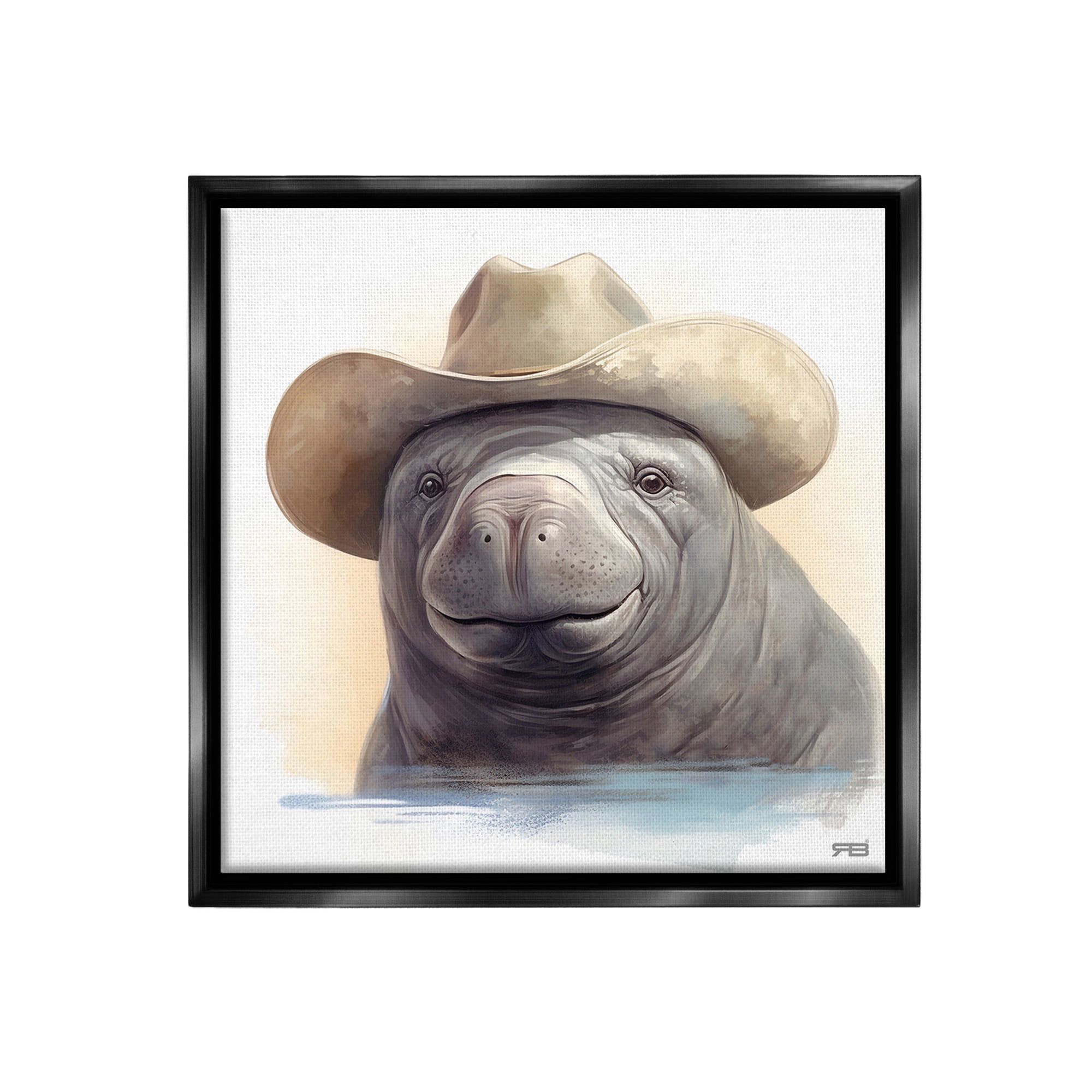 Stupell Industries Manatee with Southern Hat Animals & Insects Painting Black Floater Framed Canvas Art Print Wall Art, 25 x 25