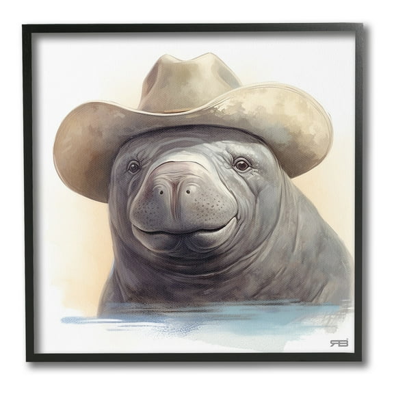 Stupell Industries Manatee with Southern Hat Animals & Insects Painting Black Framed Art Print Wall Art, 12 x 12