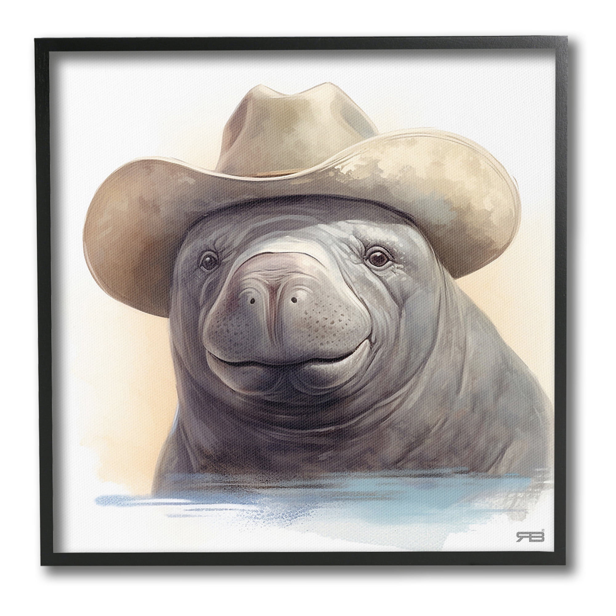Stupell Industries Manatee with Southern Hat Animals & Insects Painting Black Framed Art Print Wall Art, 17 x 17