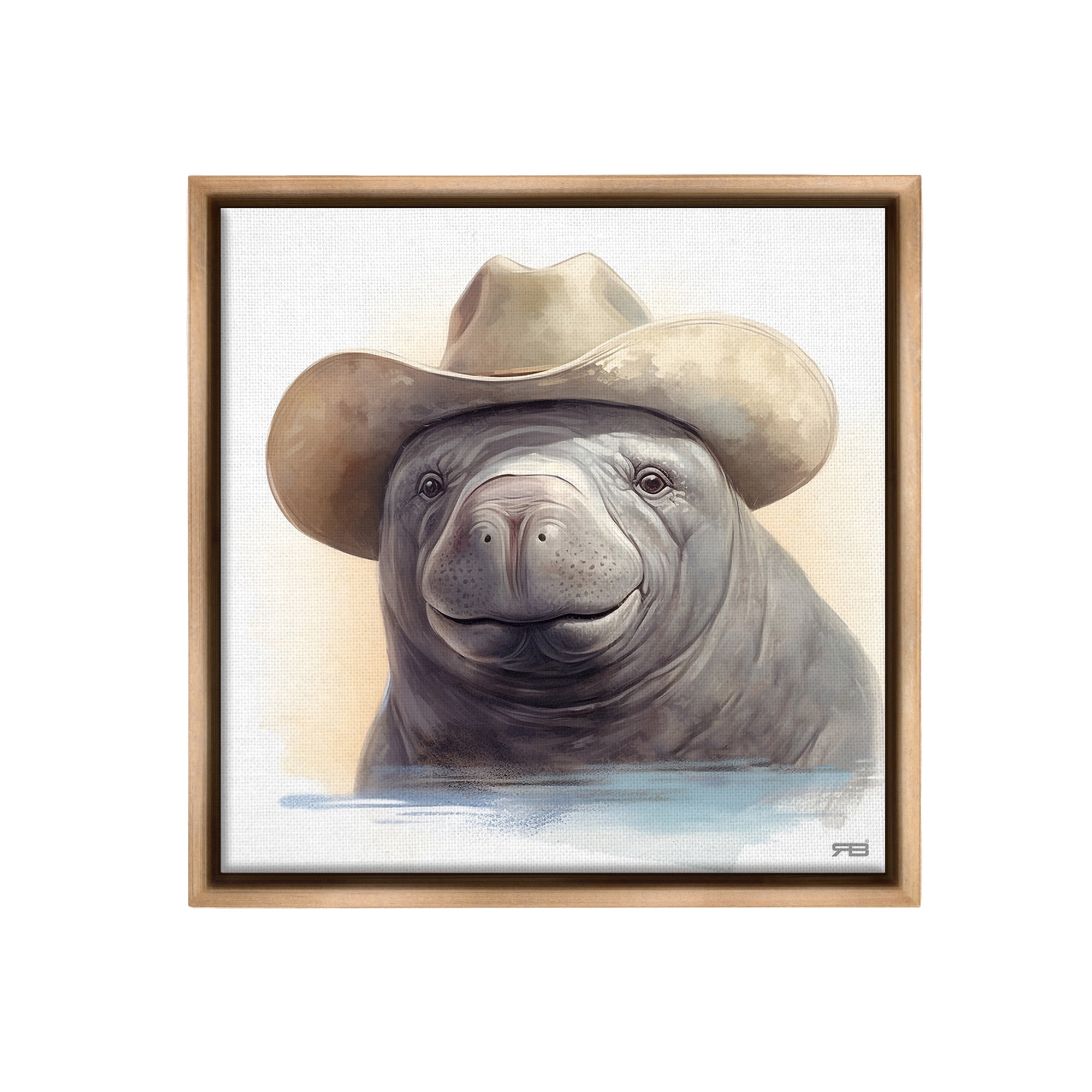 Stupell Industries Manatee with Southern Hat Animals & Insects Painting Brown Floater Framed Canvas Art Print Wall Art, 18 x 18