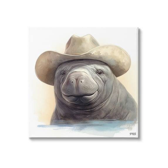 Stupell Industries Manatee with Southern Hat Animals & Insects Painting Gallery Wrapped Canvas Art Print Wall Art, 30 x 30