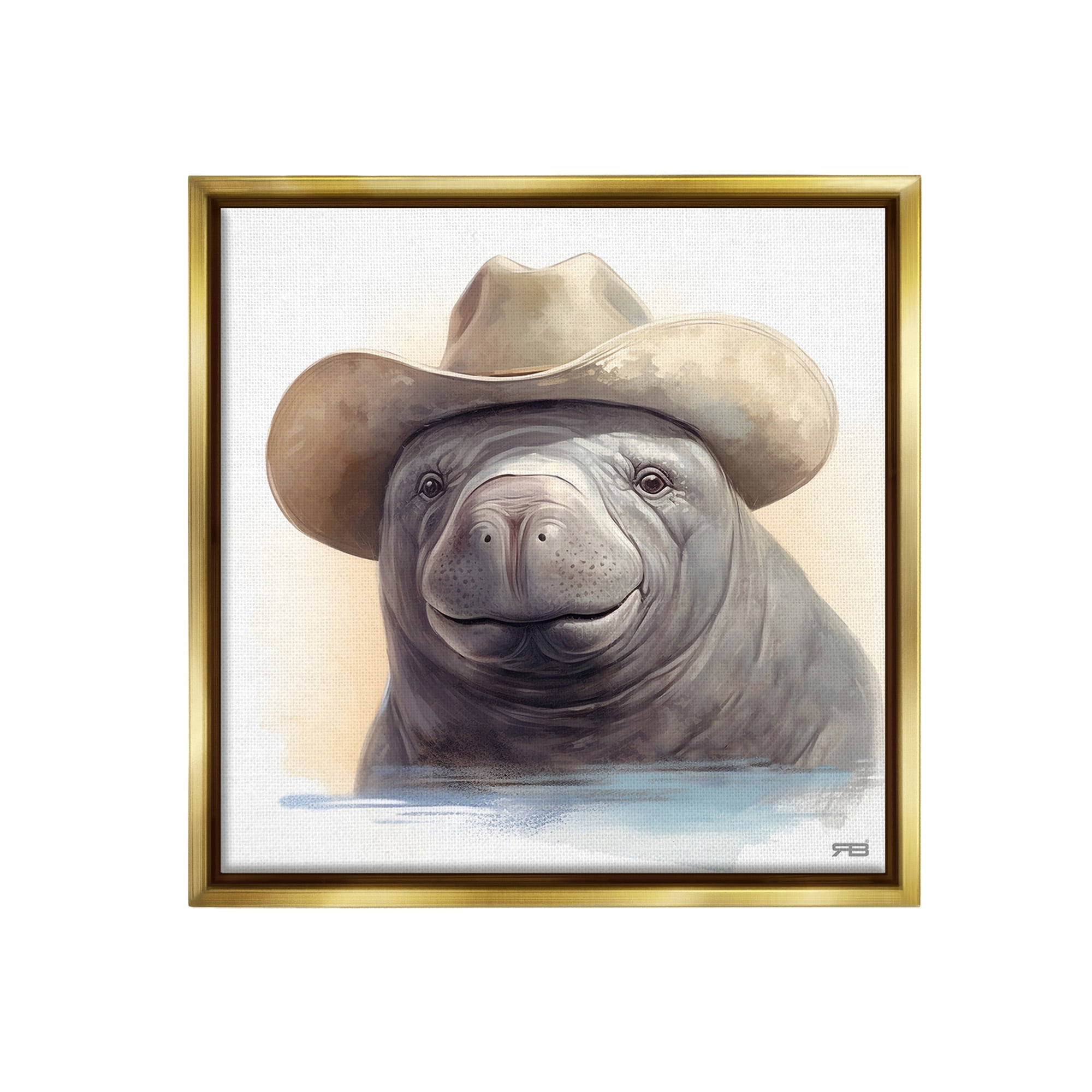 Stupell Industries Manatee with Southern Hat Animals & Insects Painting Gold Floater Framed Canvas Art Print Wall Art, 25 x 25