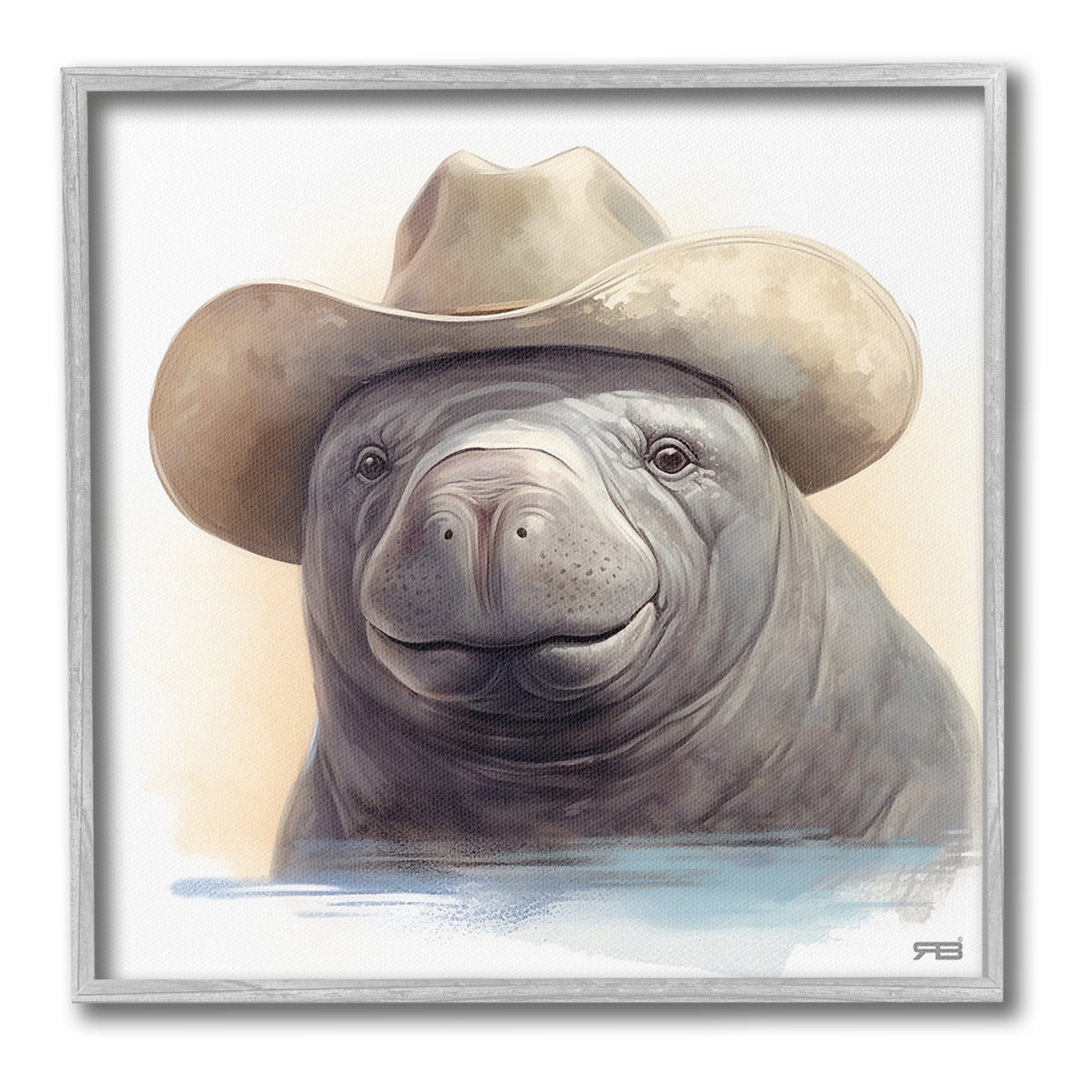 Stupell Industries Manatee with Southern Hat Animals & Insects Painting Gray Framed Art Print Wall Art, 17 x 17