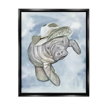 Stupell Industries Manatee with Stylish Hat Animals & Insects Painting Black Floater Framed Canvas Art Print Wall Art, 17 x 21