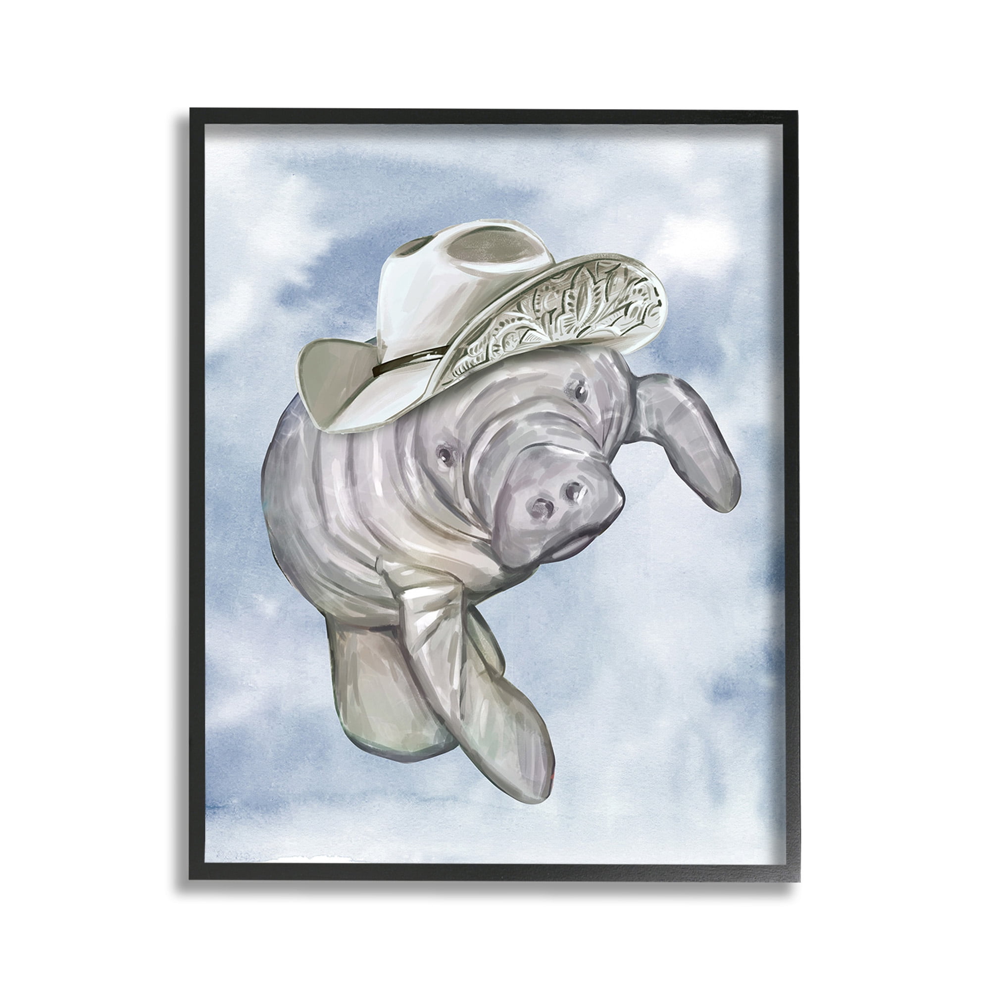 Stupell Industries Manatee with Stylish Hat Animals & Insects Painting Black Framed Art Print Wall Art, 11 x 14