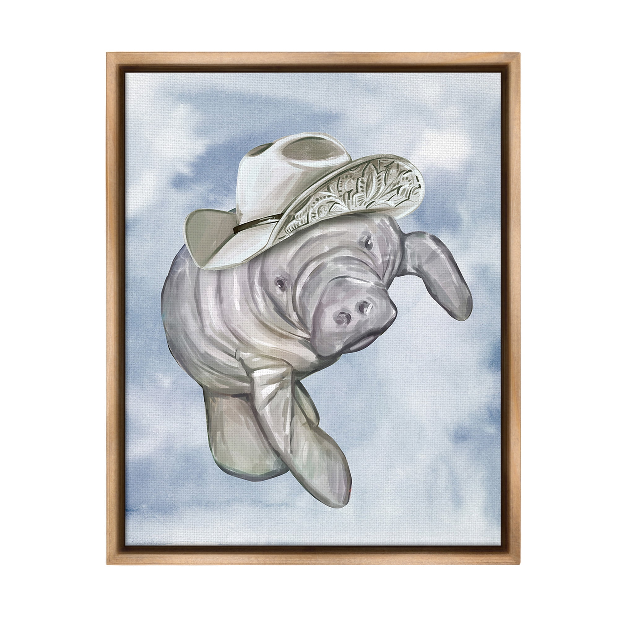 Stupell Industries Manatee with Stylish Hat Animals & Insects Painting Brown Floater Framed Canvas Art Print Wall Art, 17 x 21