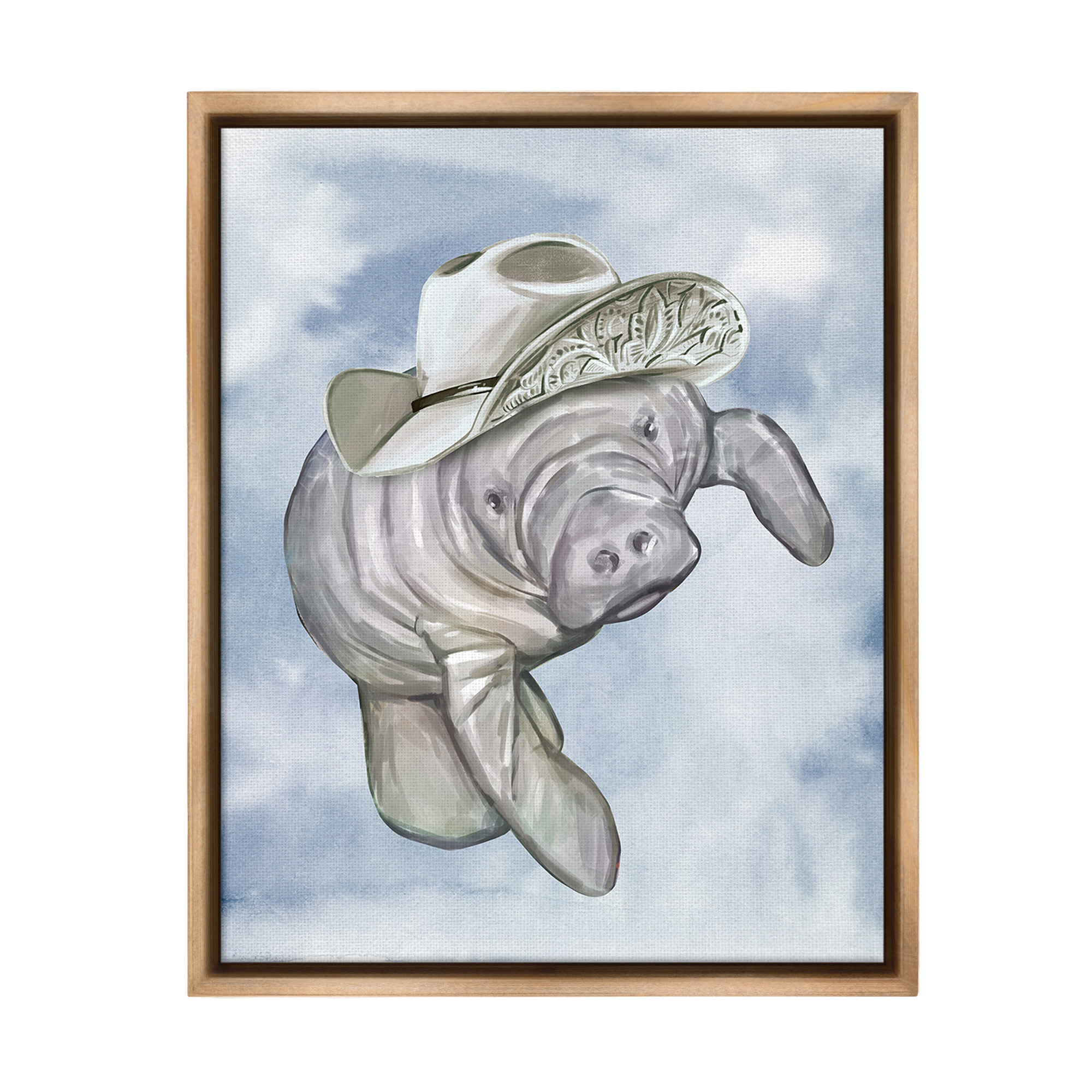 Stupell Industries Manatee with Stylish Hat Animals & Insects Painting Brown Floater Framed Canvas Art Print Wall Art, 25 x 31