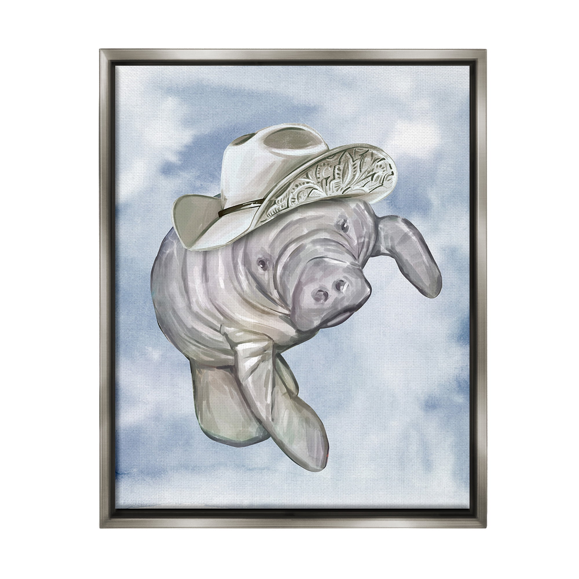 Stupell Industries Manatee with Stylish Hat Animals & Insects Painting Gray Floater Framed Canvas Art Print Wall Art, 25 x 31