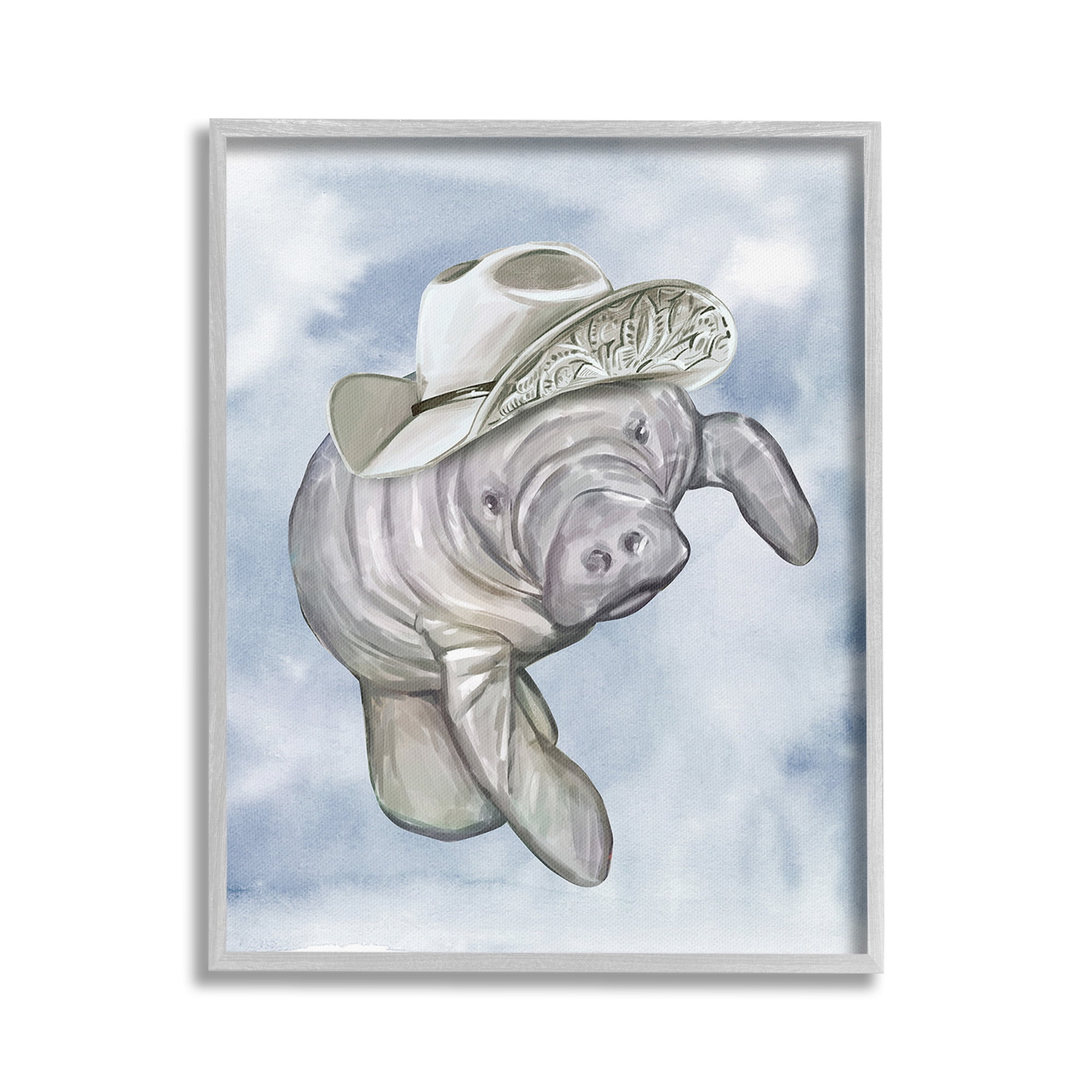 Stupell Industries Manatee with Stylish Hat Animals & Insects Painting Gray Framed Art Print Wall Art, 24 x 30