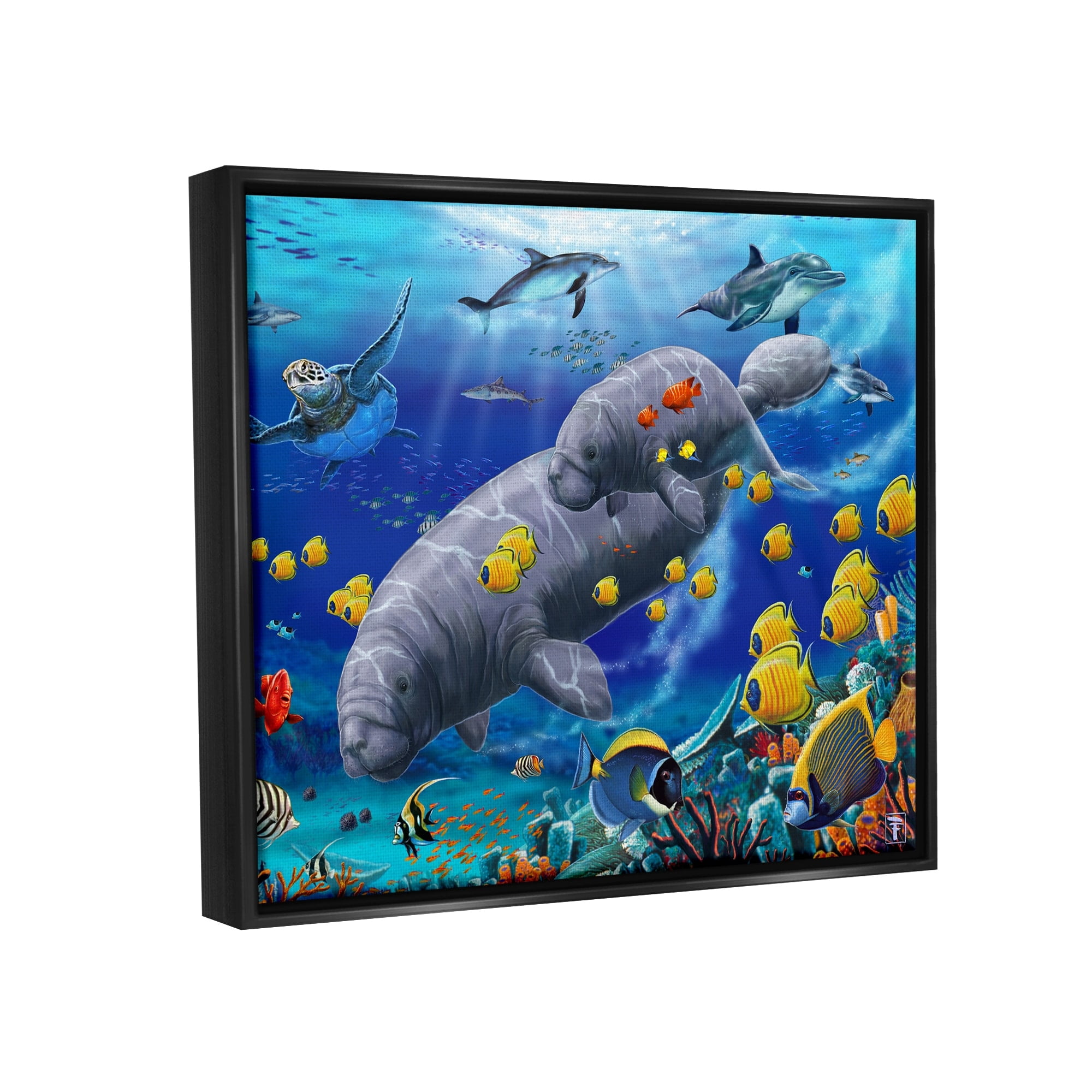 Stupell Industries Manatees & Fish Swimming Coastal Painting Black Floater Framed Art Print Wall Art