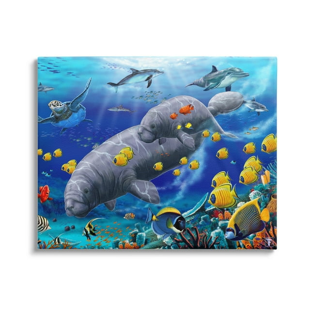 Stupell Industries Manatees & Fish Swimming Coastal Painting Gallery Wrapped Canvas Print Wall Art