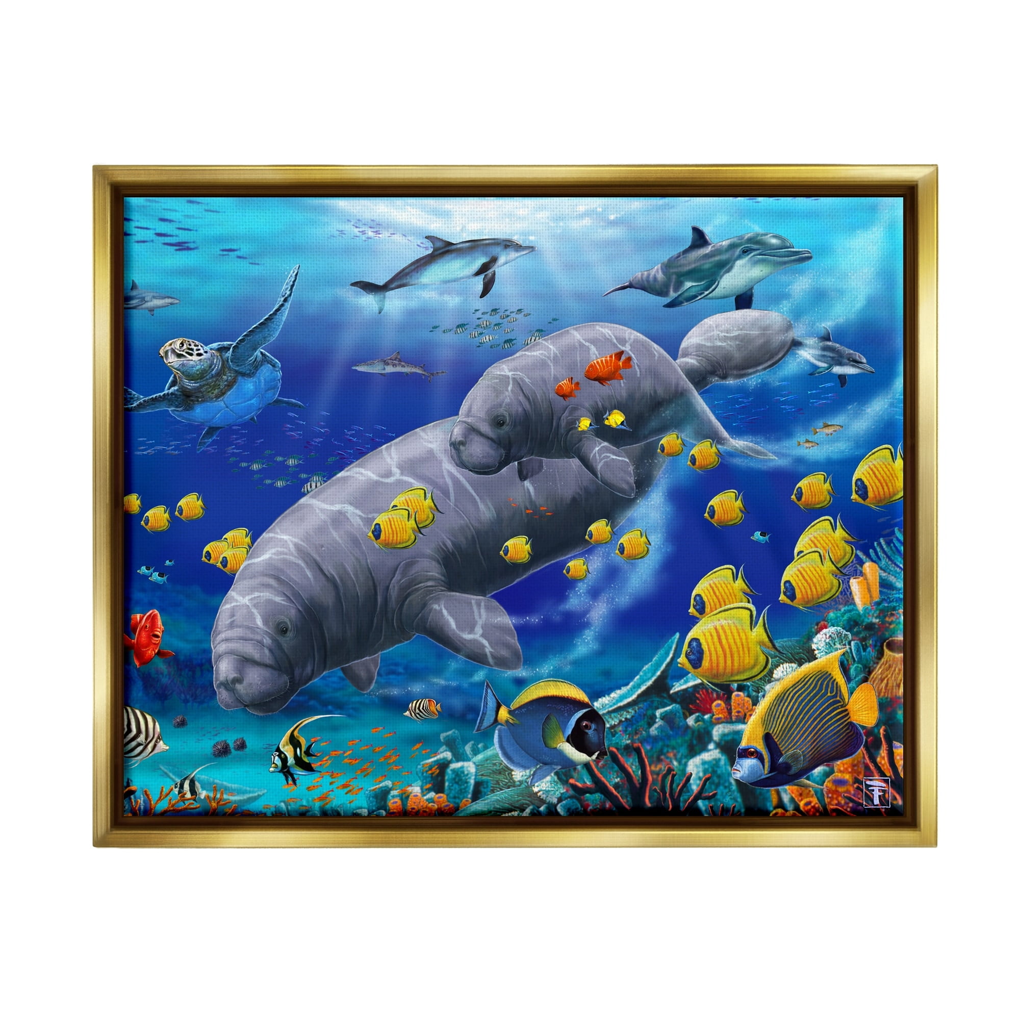 Stupell Industries Manatees & Fish Swimming Coastal Painting Gold Floater Framed Art Print Wall Art