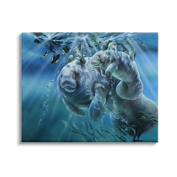 Stupell Industries Manatees Underwater Sun Rays Coastal Painting Gallery Wrapped Canvas Print Wall Art