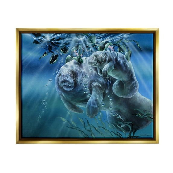 Stupell Industries Manatees Underwater Sun Rays Coastal Painting Gold Floater Framed Art Print Wall Art