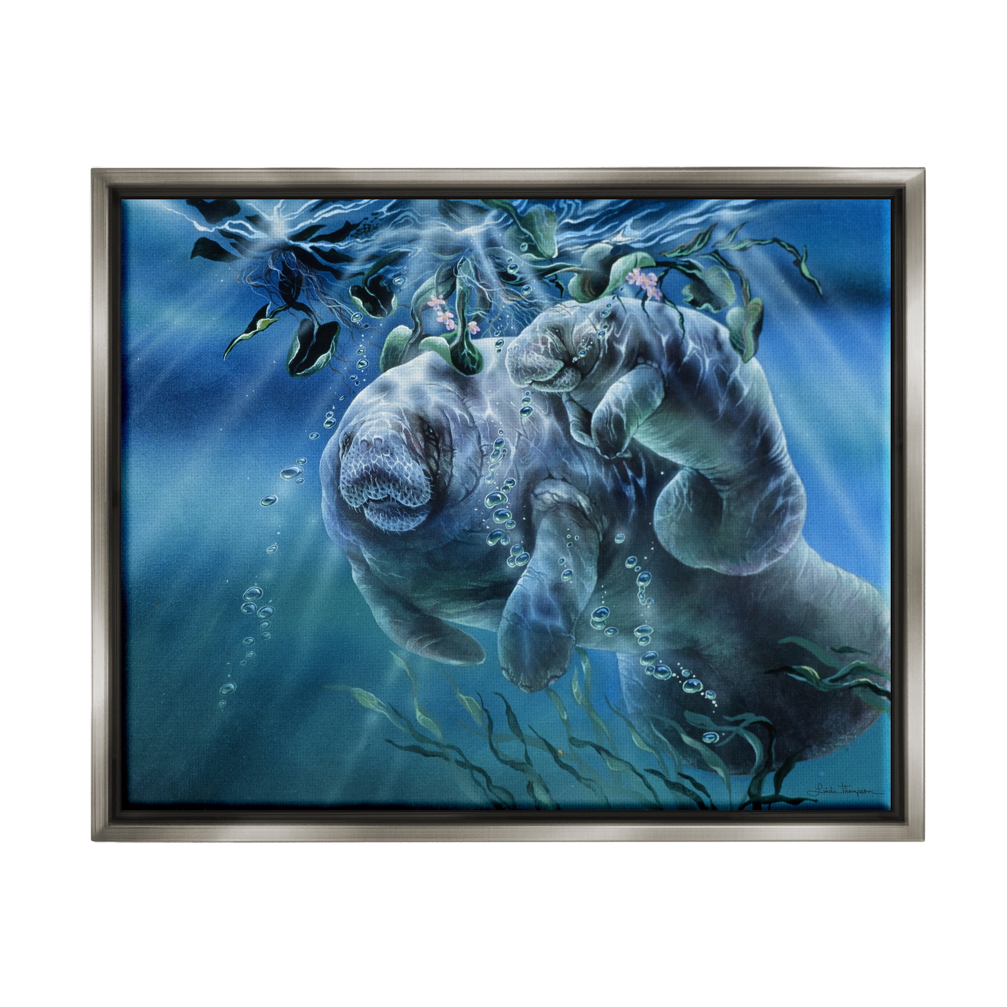 Stupell Industries Manatees Underwater Sun Rays Coastal Painting Gray Floater Framed Art Print Wall Art