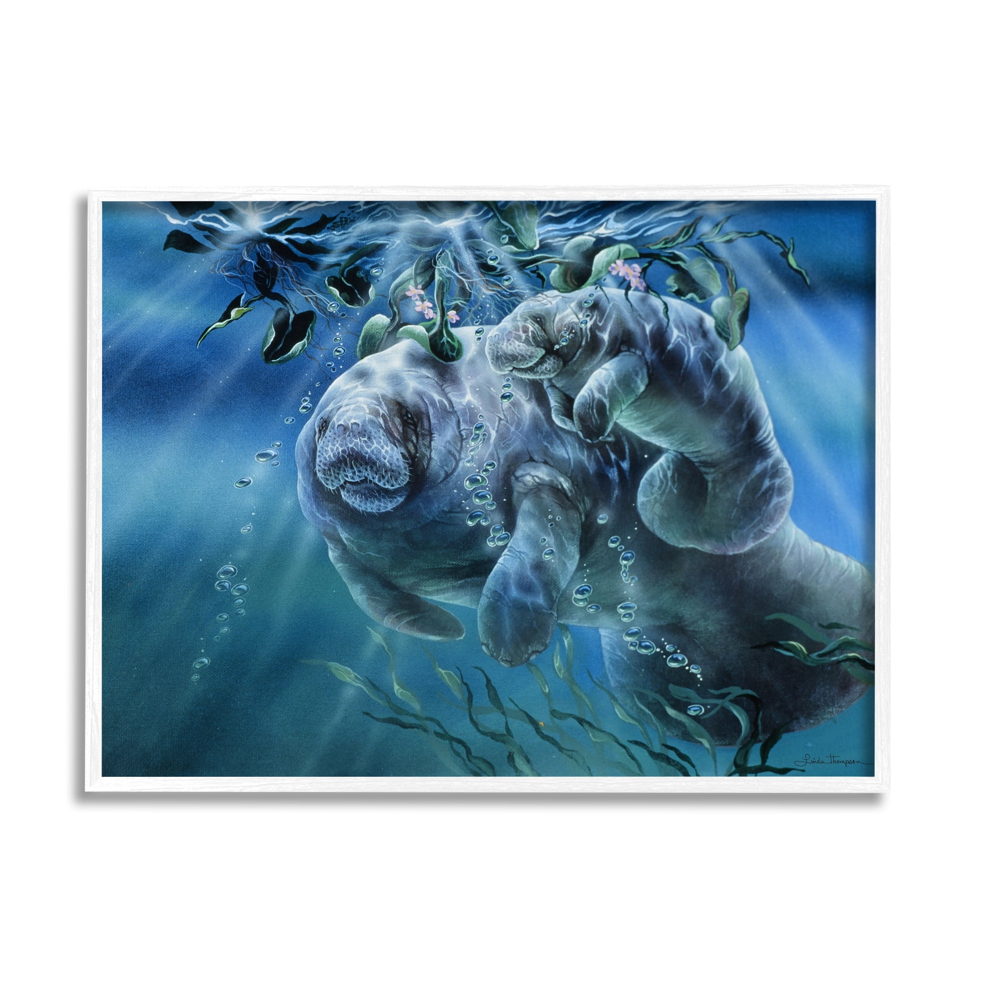 Stupell Industries Manatees Underwater Sun Rays Coastal Painting White Framed Art Print Wall Art