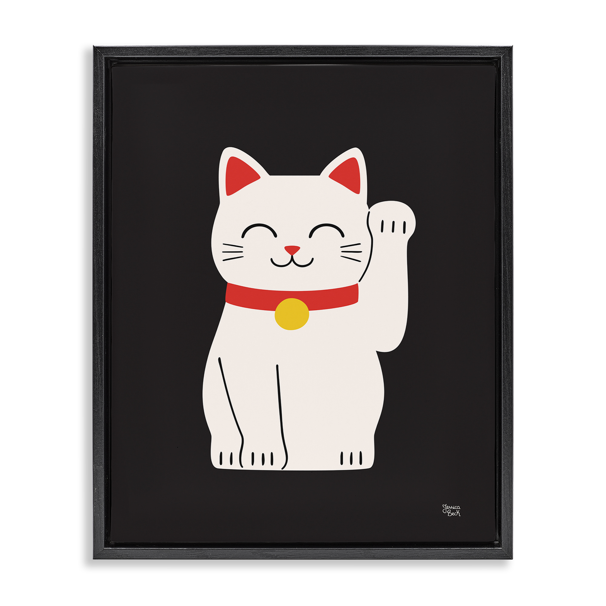 Stupell Industries Maneki Neko Lucky Cat Animals Painting Black Floater Framed Canvas Art Print Wall Art, 25 x 31