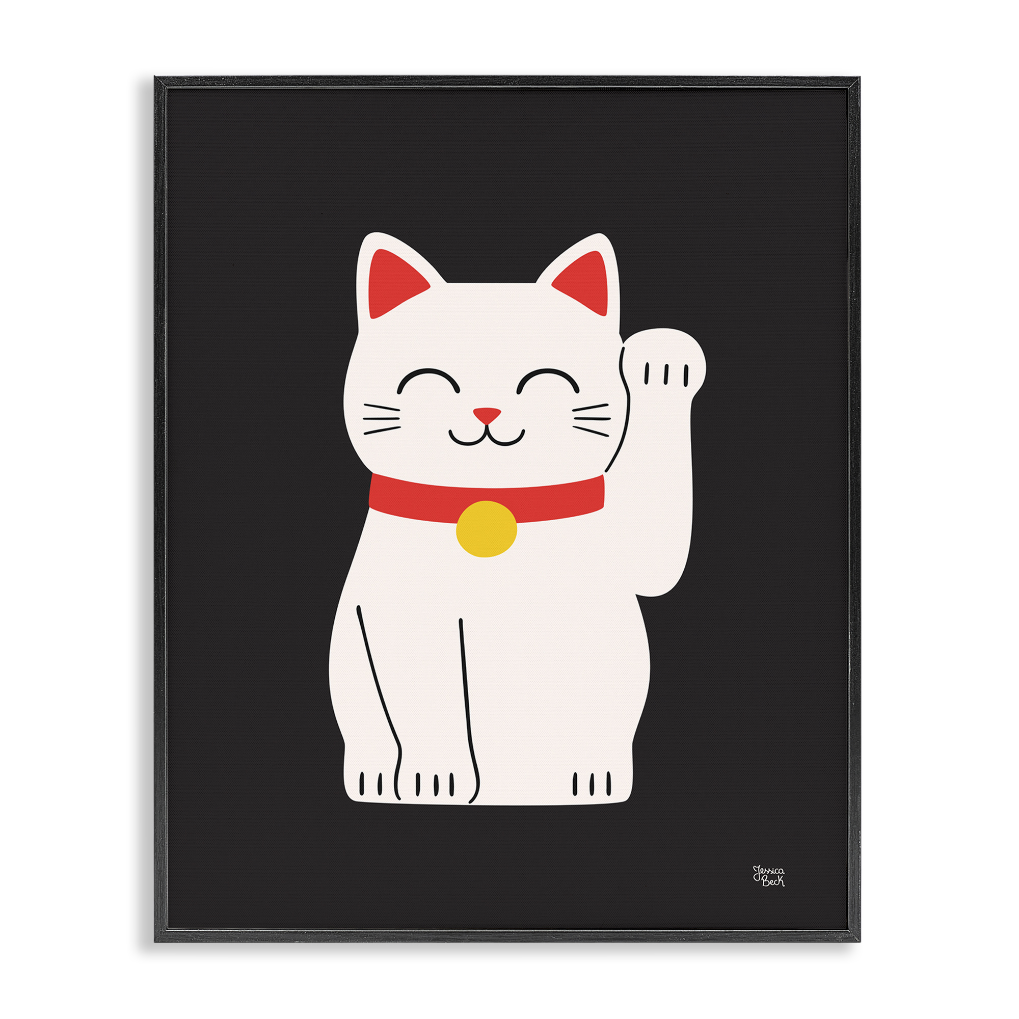 Stupell Industries Maneki Neko Lucky Cat Animals Painting Black Framed Art Print Wall Art, 24 x 30
