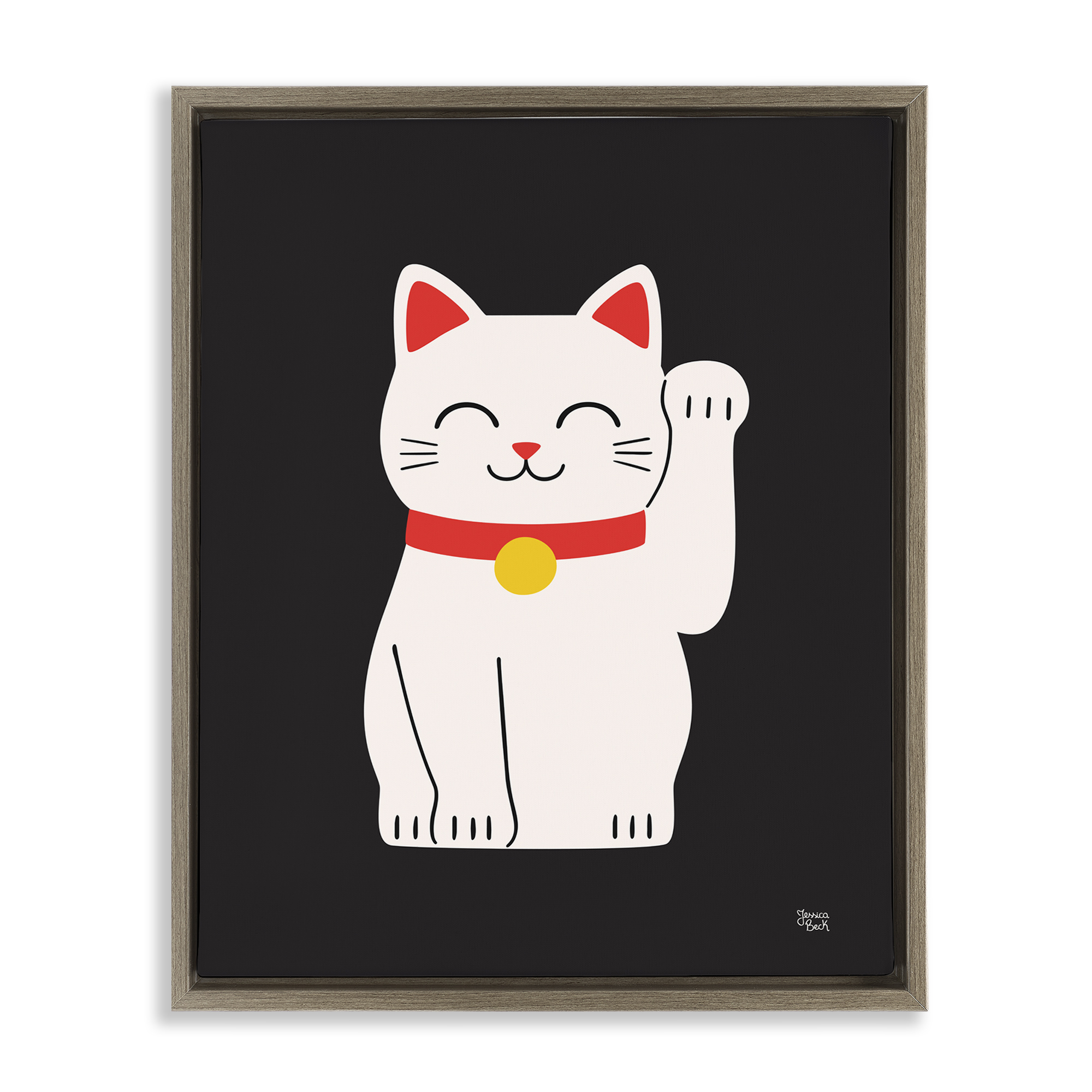 Stupell Industries Maneki Neko Lucky Cat Animals Painting Brown Floater Framed Canvas Art Print Wall Art, 17 x 21