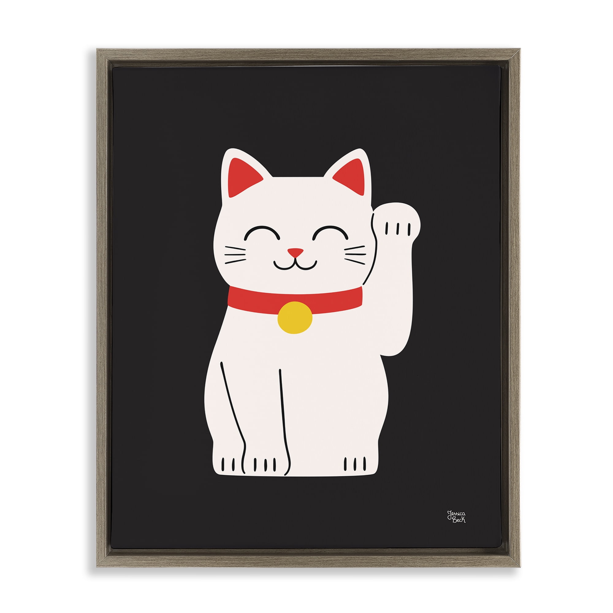 Stupell Industries Maneki Neko Lucky Cat Animals Painting Brown Floater Framed Canvas Art Print Wall Art, 25 x 31