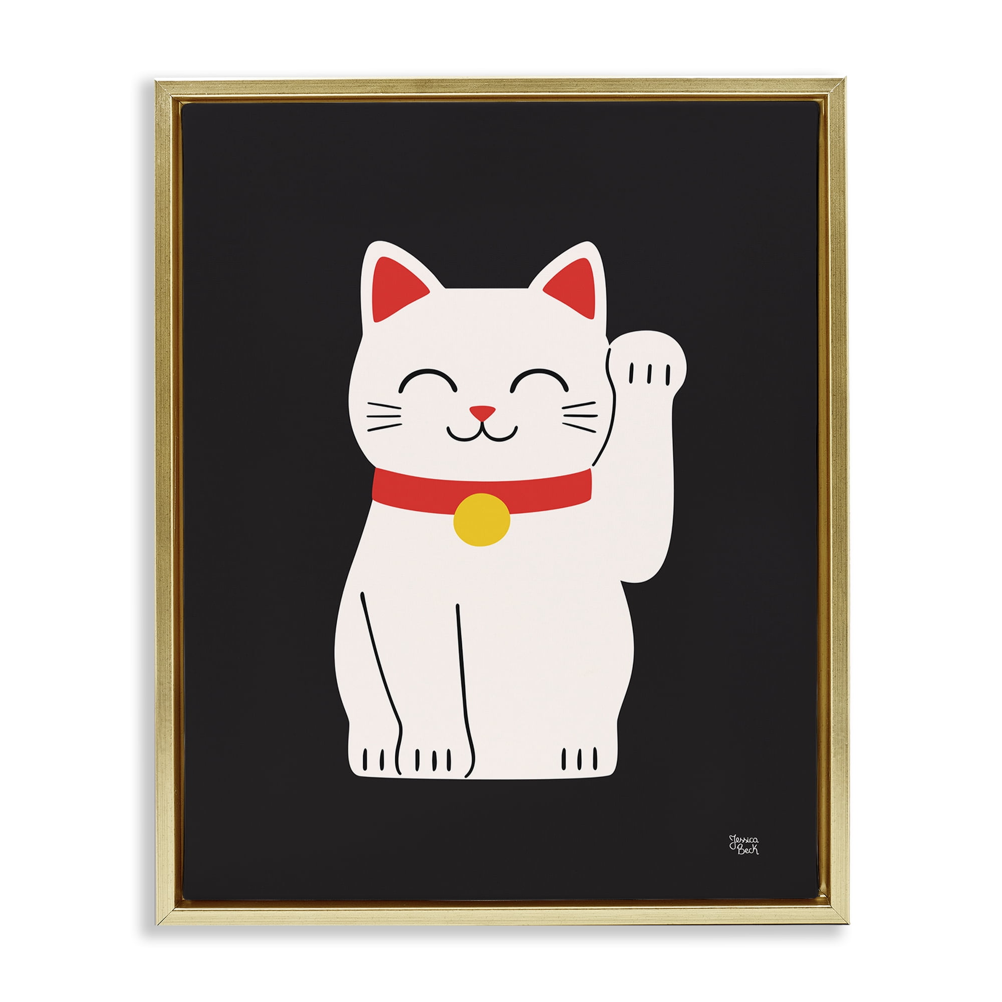 Stupell Industries Maneki Neko Lucky Cat Animals Painting Gold Floater Framed Canvas Art Print Wall Art, 25 x 31