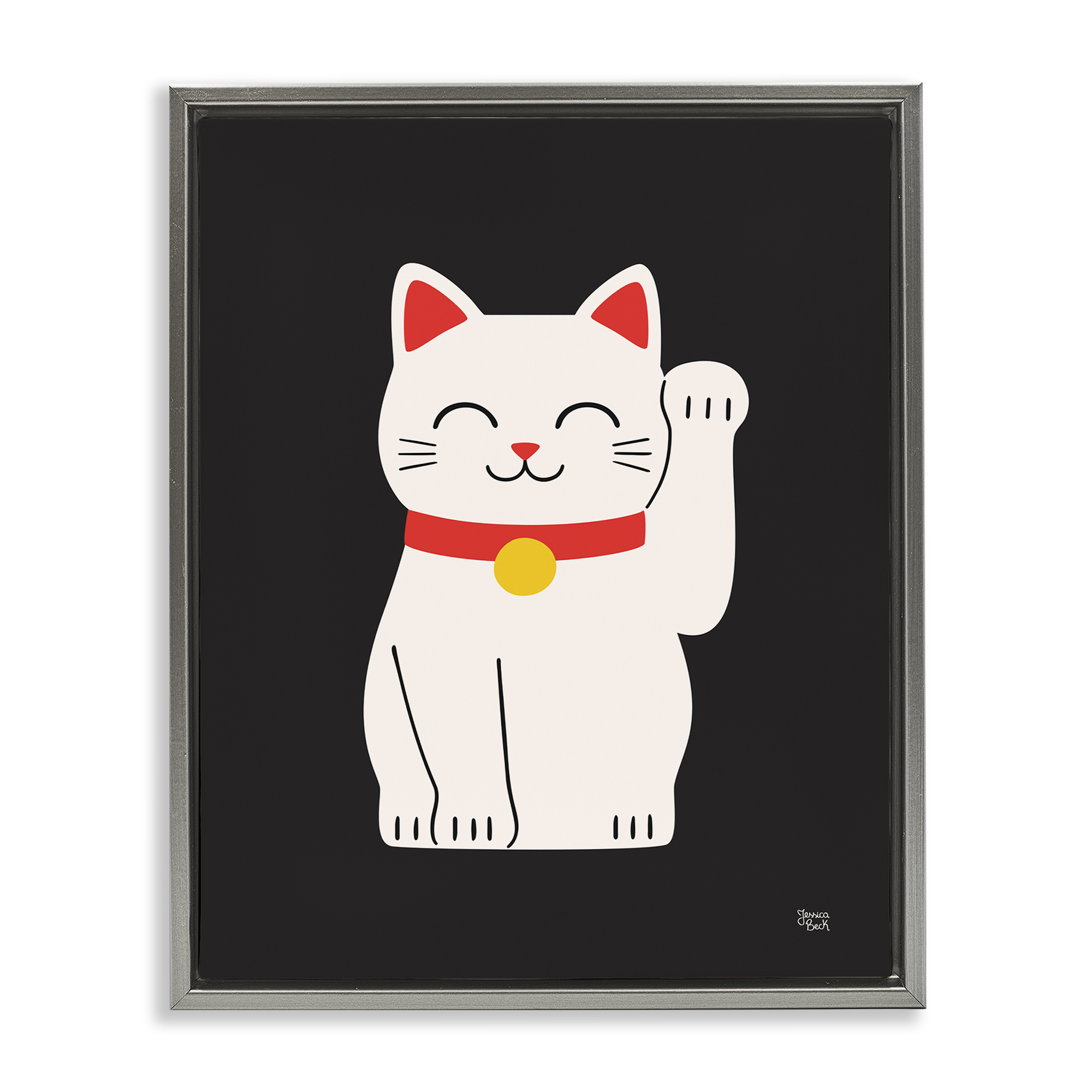 Stupell Industries Maneki Neko Lucky Cat Animals Painting Gray Floater Framed Canvas Art Print Wall Art, 25 x 31