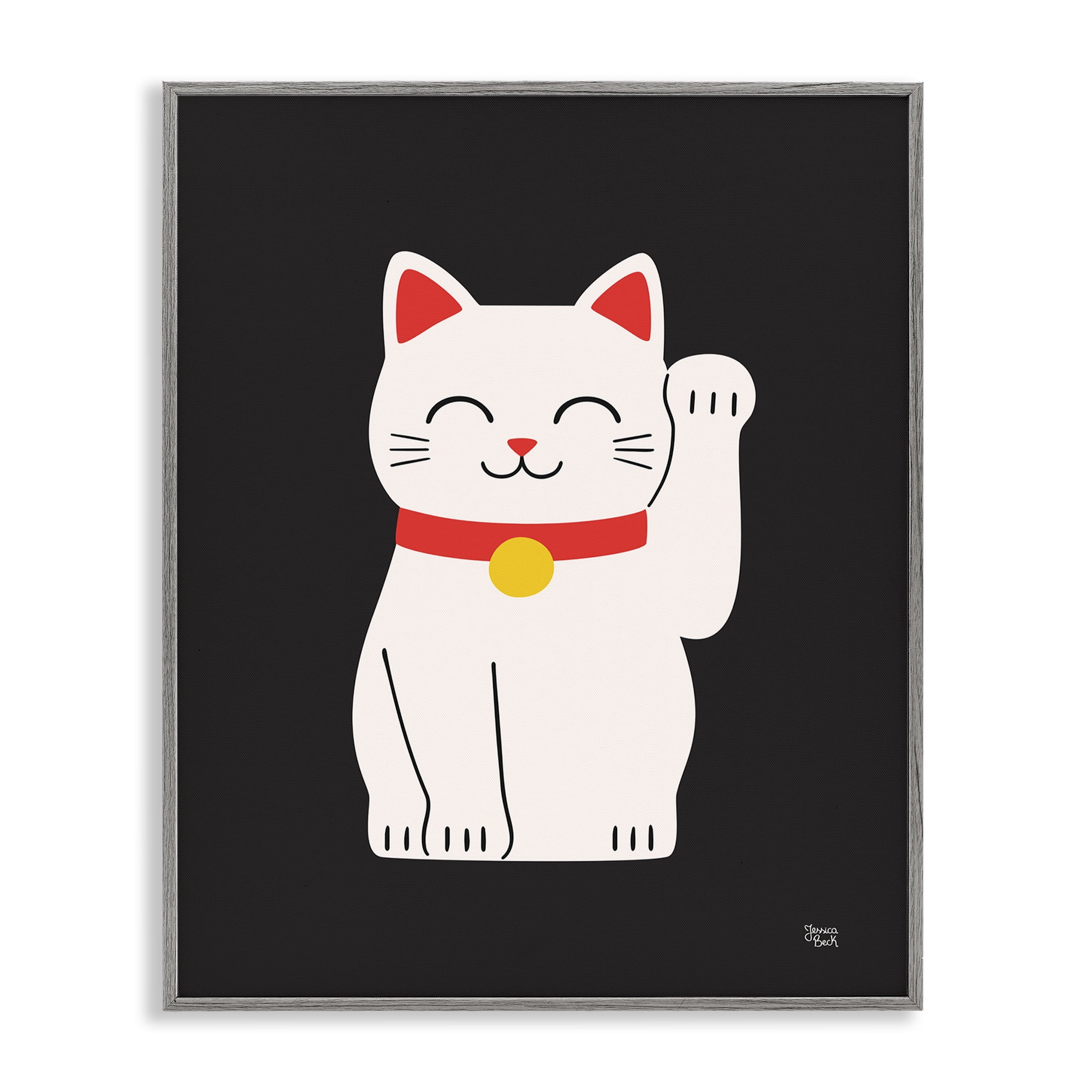 Stupell Industries Maneki Neko Lucky Cat Animals Painting Gray Framed Art Print Wall Art, 16 x 20