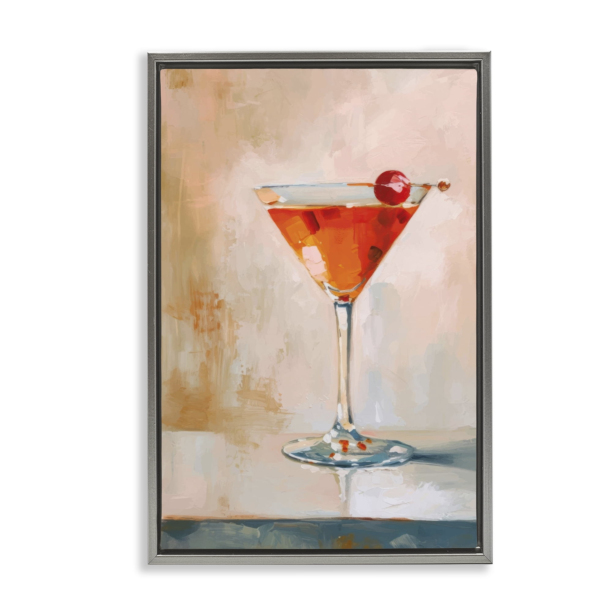 Stupell Industries Manhattan Cocktail with Cherry Food & Beverage Painting Gray Floater Framed Canvas Art Print Wall Art, 21 x 31