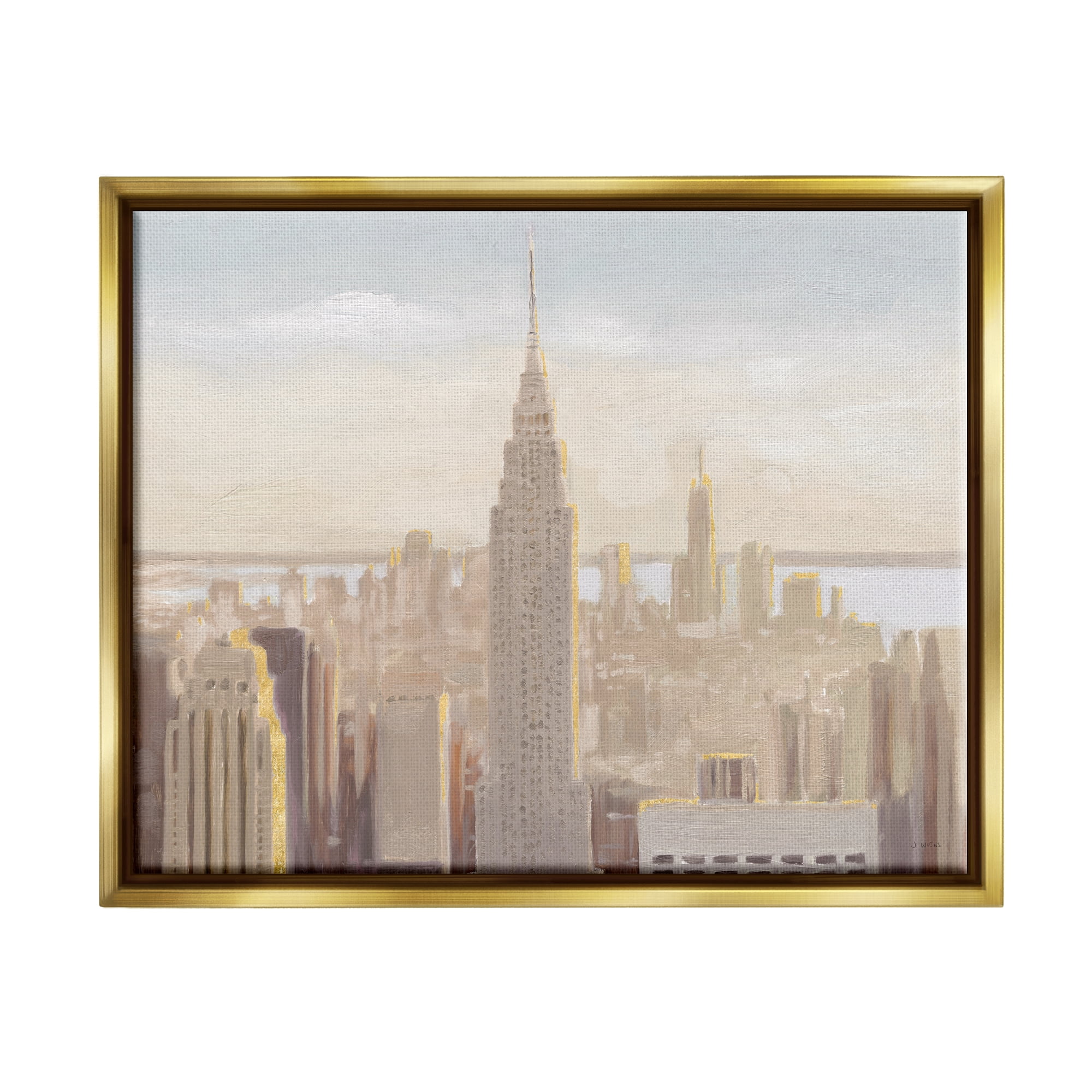Stupell Industries Manhattan Dawn Painting Travel & Places Painting Gold Floater Framed Art Print Wall Art, 21 x 17
